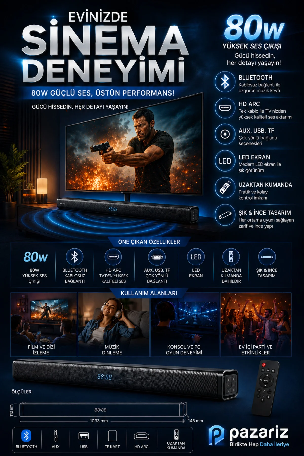 Soundbar Kablosuz Ev Sinema Sistemi Stereo Hd Ses Kalitesi 80W Led Ekranlı Tv005 - pazariz Görsel 3