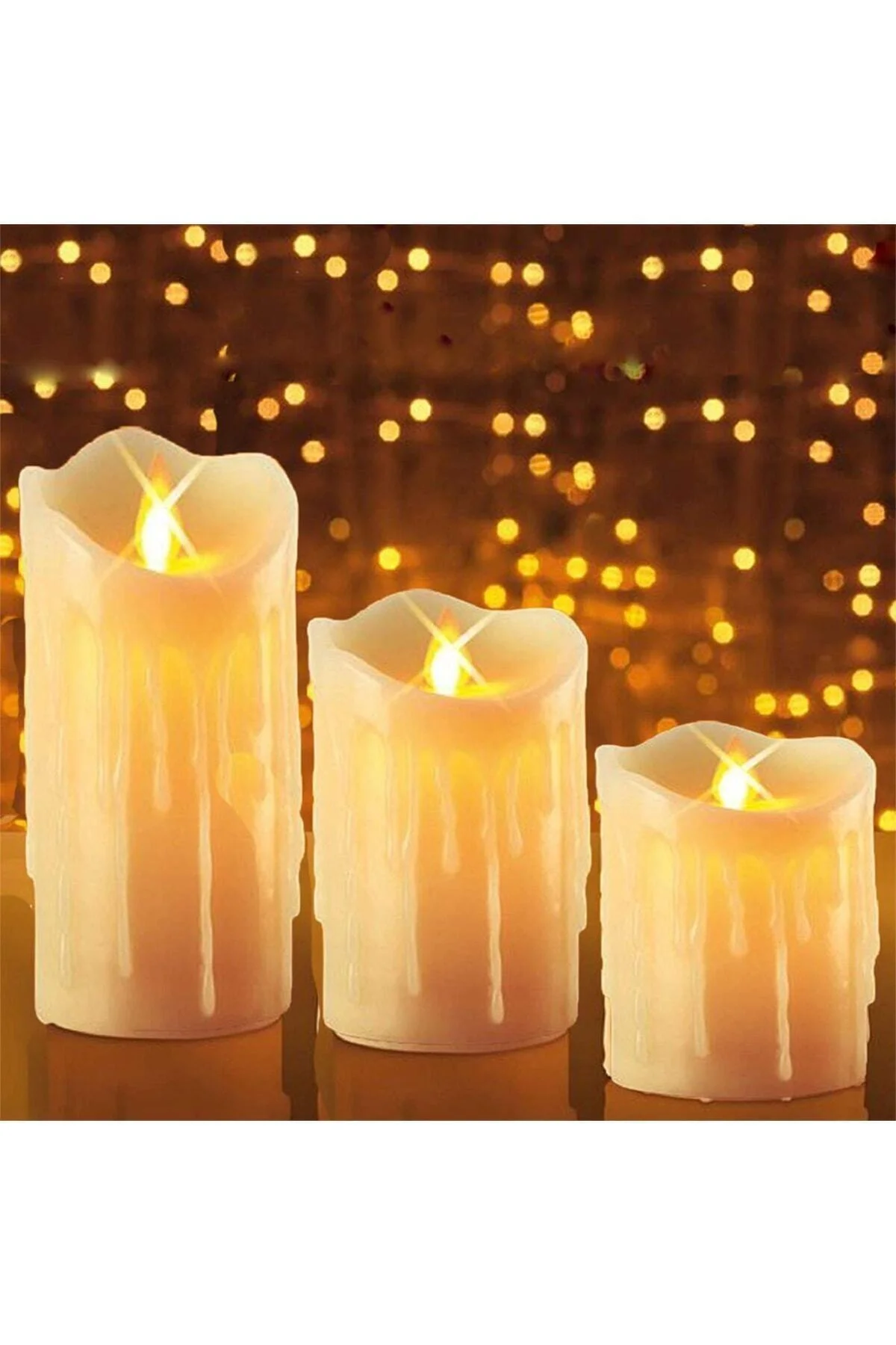 Titreyen Alevli Krem Erimiş Led Mum 3'lü Hareketli Alevli Eriyen Yapay Mum Pilli Led