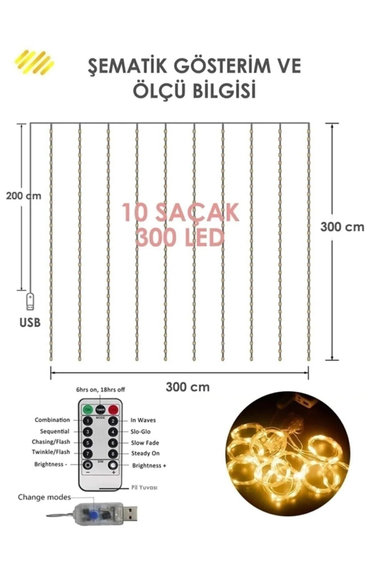 Peri Telli Perde Led Işık Kumandalı 300 Ledli 3 X 3 Metre Usb'li 8 Animasyonlu Günışığı Yıld - pazariz Görsel 7