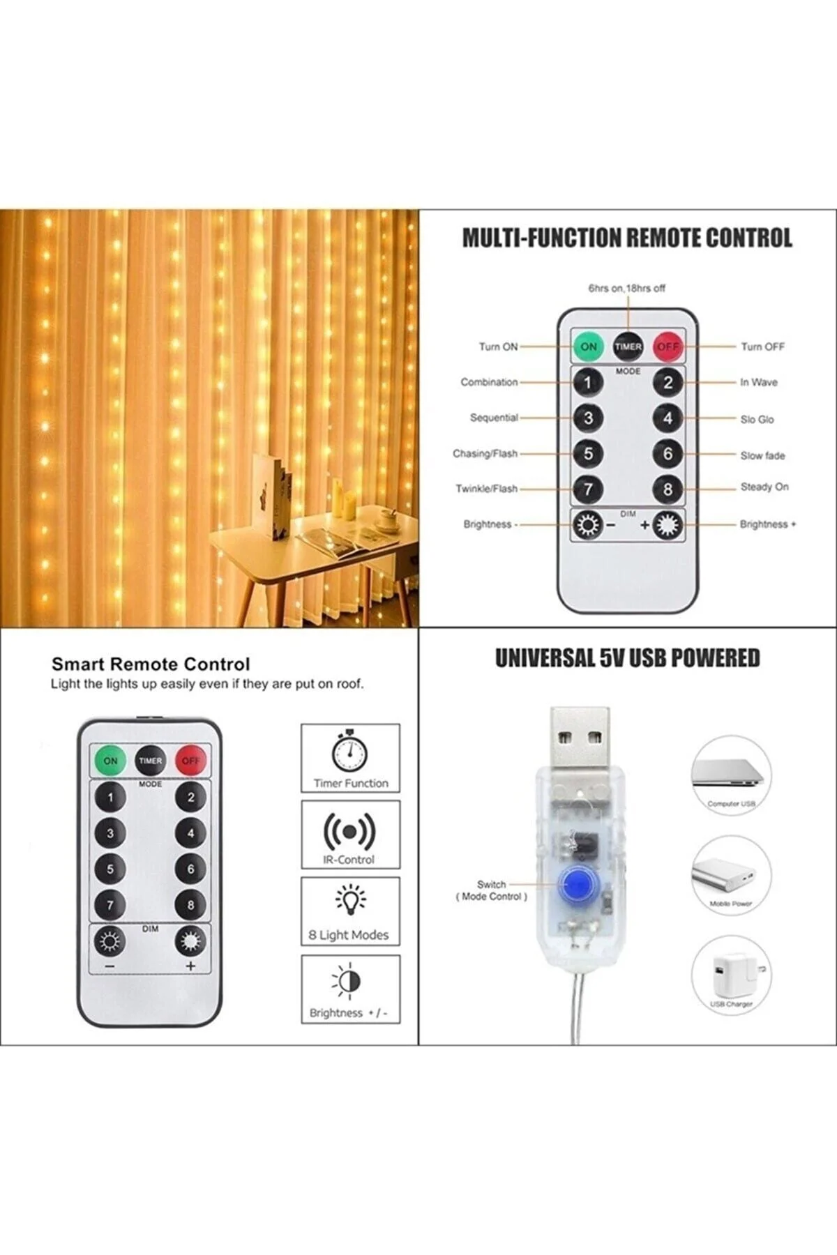Peri Telli Perde Led Işık Kumandalı 300 Ledli 3 X 3 Metre Usb'li 8 Animasyonlu Günışığı Yıld - pazariz Görsel 8