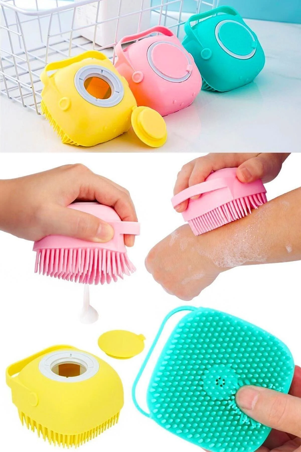 Sarı Duş Jeli Hazneli Silikon Fırça Kese Banyo Lifi