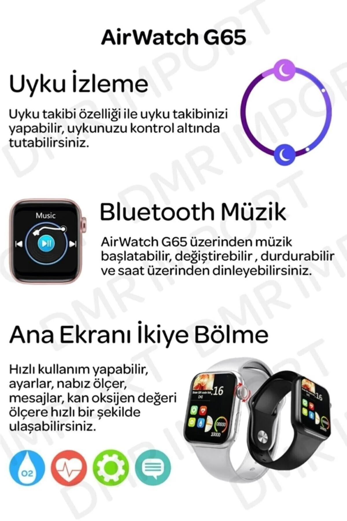 G65l Akıllı Saat Suya Dayanıklı Ateş &amp; Nabız Ölçer Çok Fonksiyonlu Ios Ve Android Uyumlu - pazariz Görsel 6