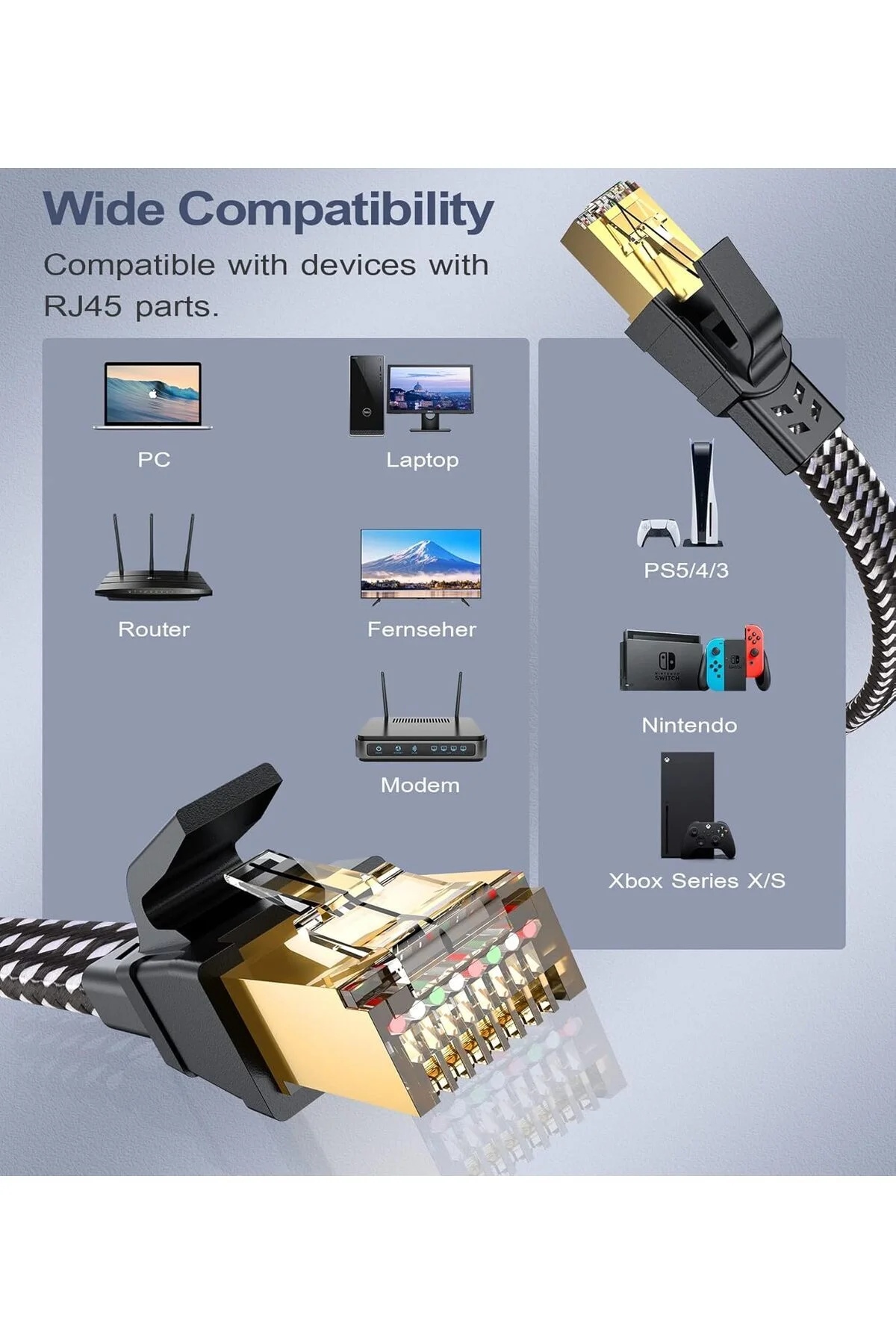 Cat 8 Ethernet Kablosu 100ft, Naylon Örgülü 40Gbps 2000Mhz LAN RJ45 İnternet Kablosu İç ve Dış Mekan - pazariz Görsel 4
