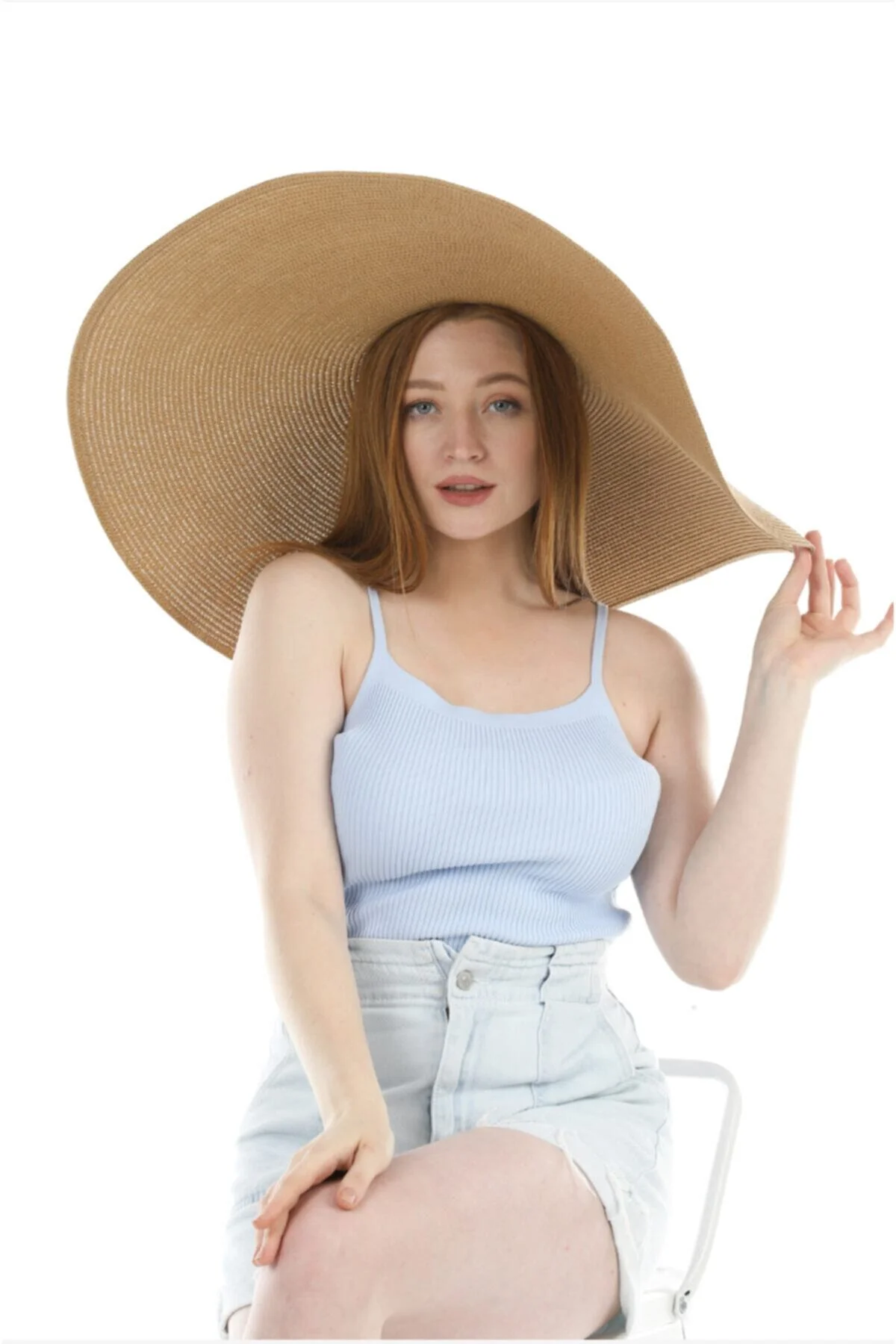 Geniş Kenarlı Camel Hasır Şapka - REVA Görsel 3