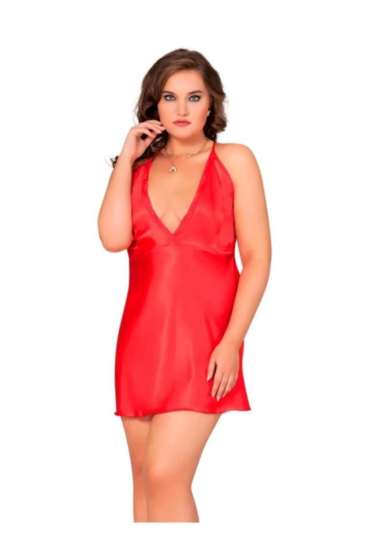 Kadın Kırmızı Moongirl 10045 Battal Boy Saten Fantazi Gecelik