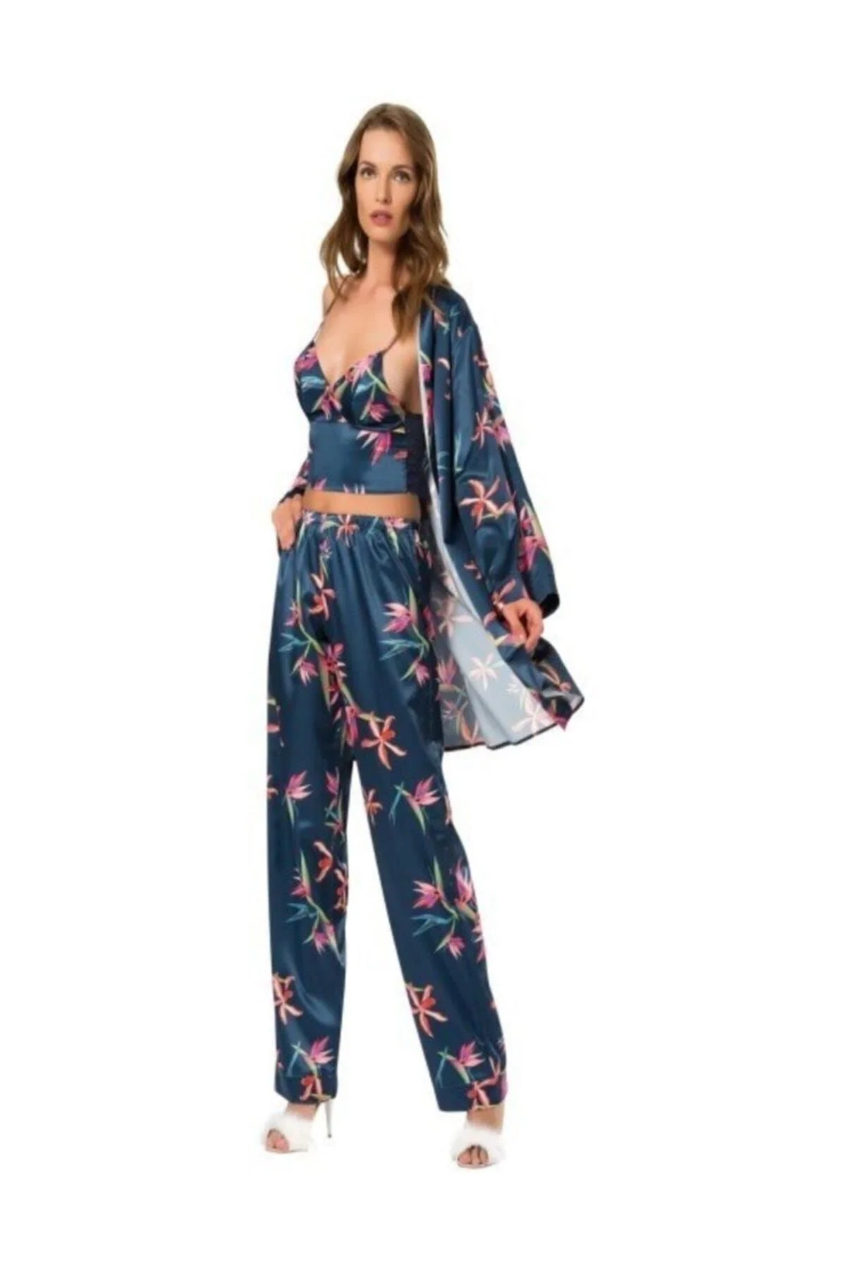 007 Üçlü Saten Pijama Takımı - MOONGIRL Görsel 2