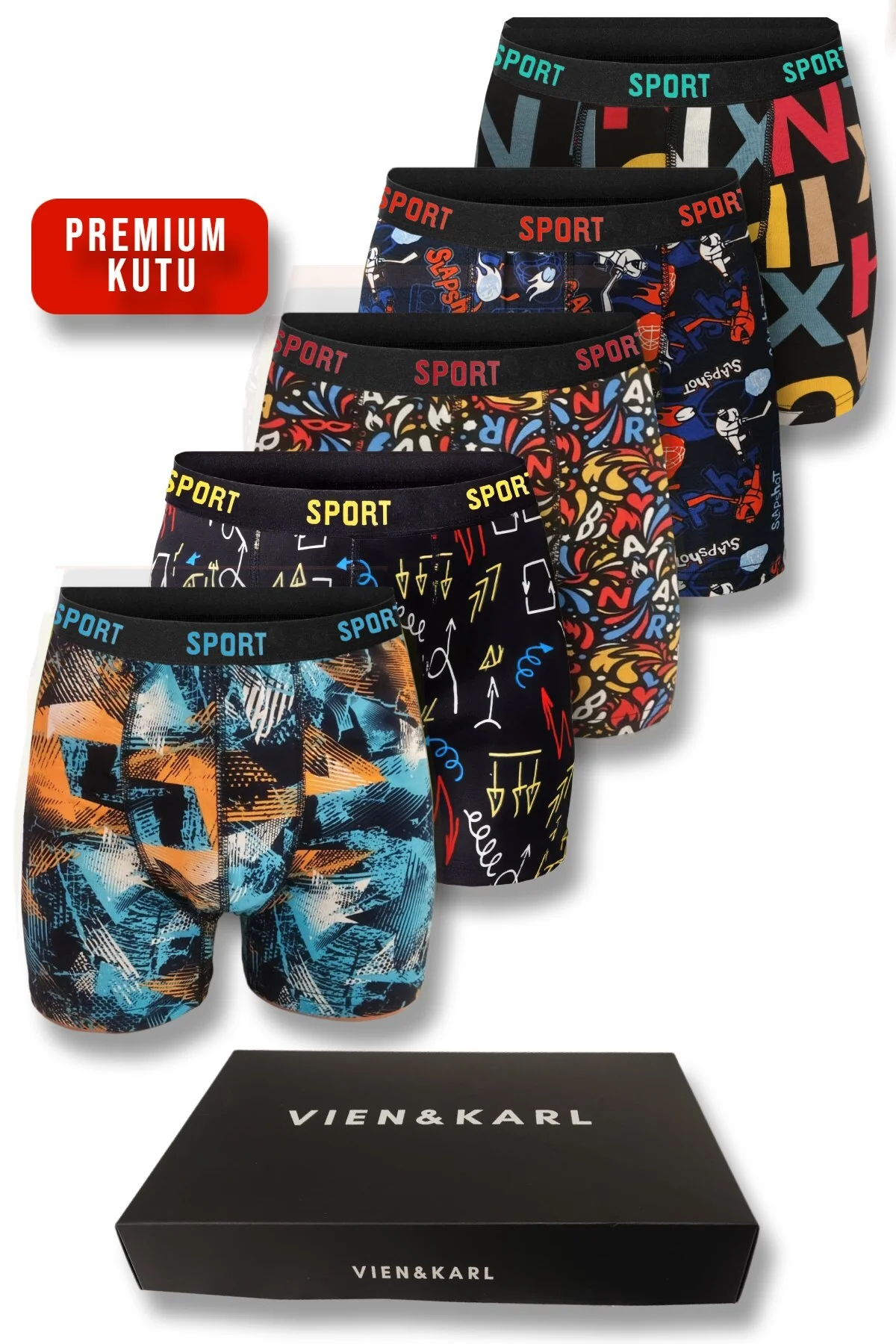 Erkek Desenli 5'li Premium Kutu Penye Pamuklu Likralı Boxer
