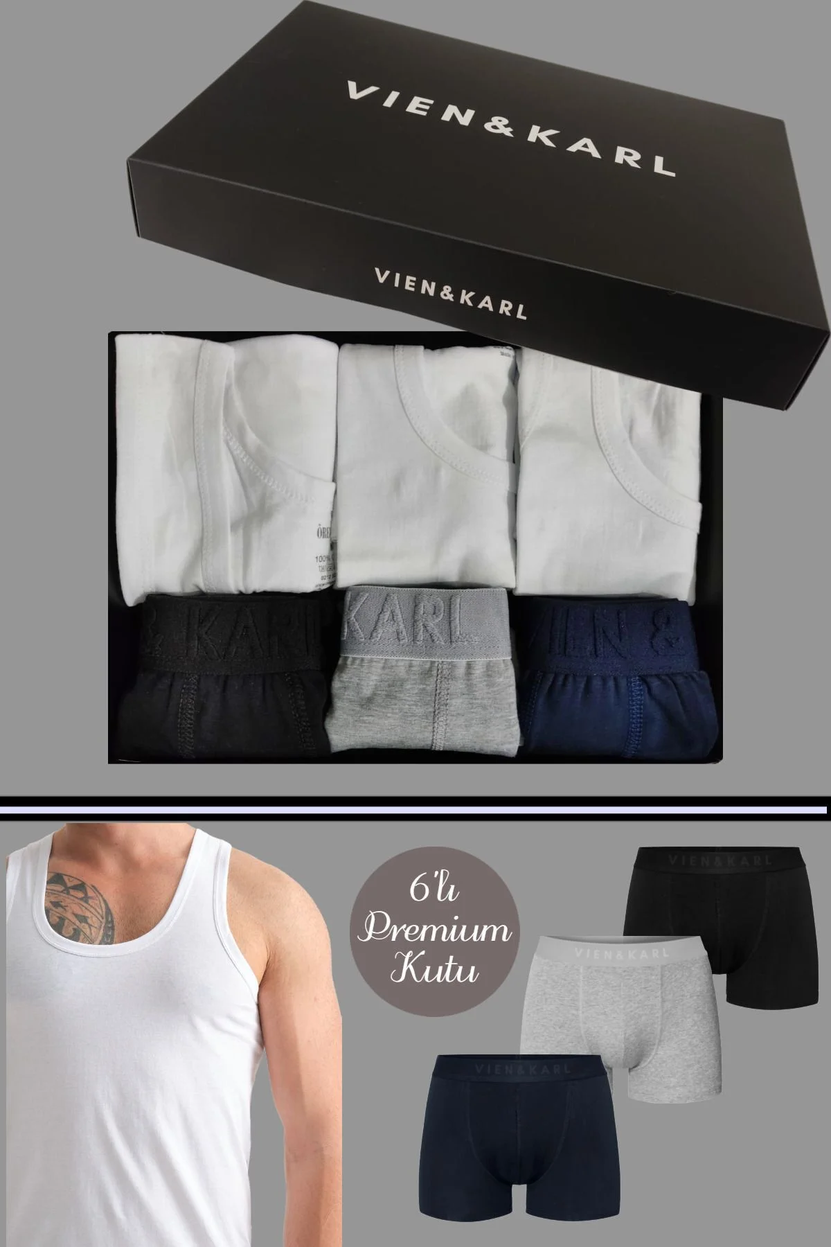 Erkek 3 Pamuklu Likralı Siyah Gri Lacivert Boxer 3 Atlet Takım - Vien&Karl Görsel 4