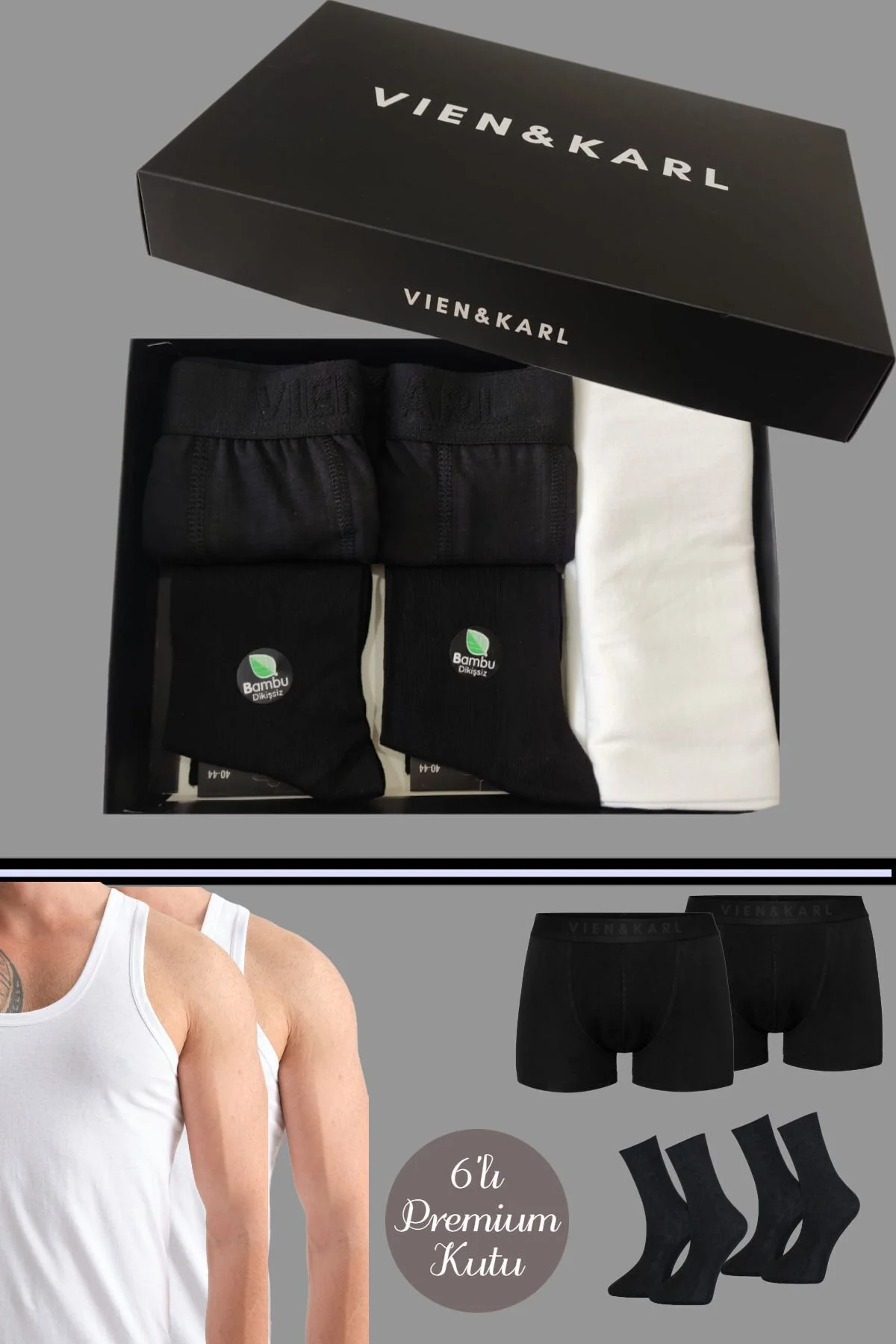 Erkek Boxer-atlet-çorap Set 6'lı Premium Kutuda Hediyelik Ve Çeyizlik - Vien&Karl Görsel 2