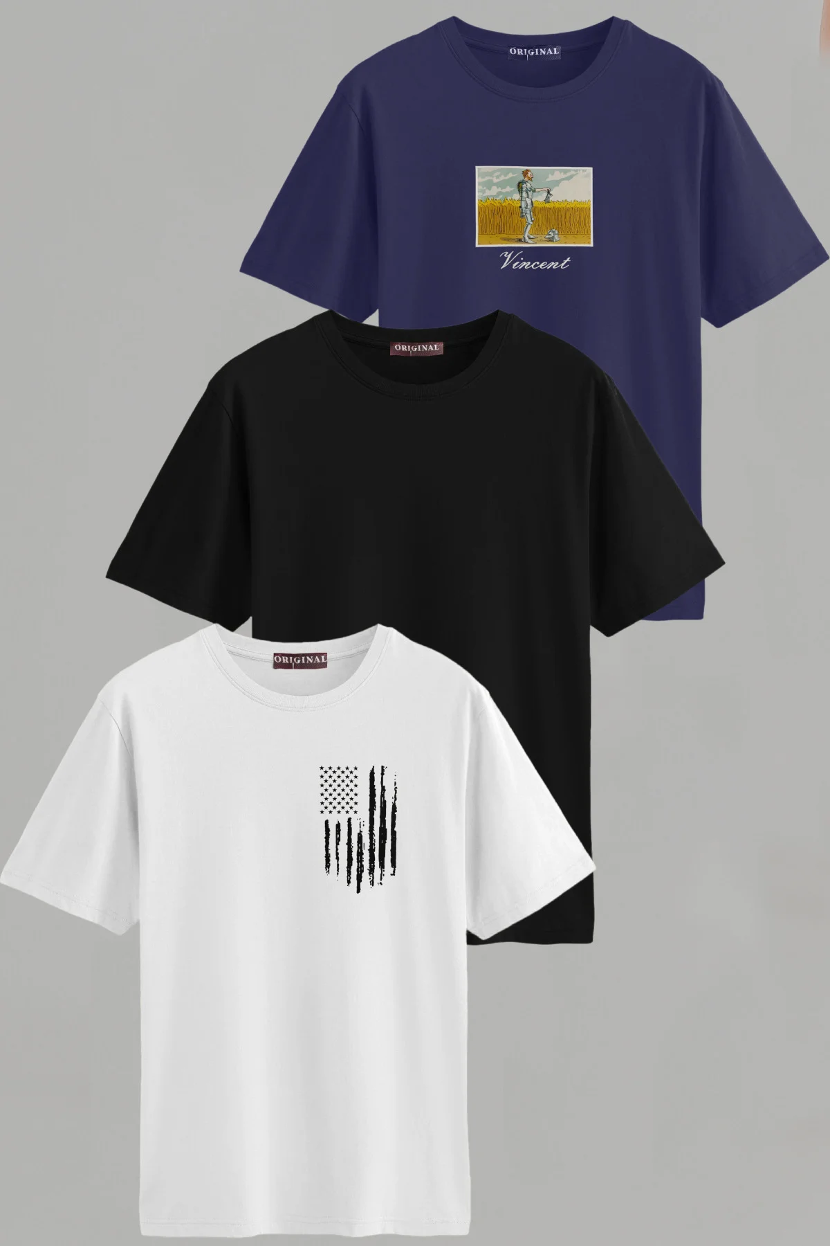 Erkek Desenli-düz Karışık Slim Fit Bisiklet Yaka Pamuk Elastan 3'lü Basic Tişört