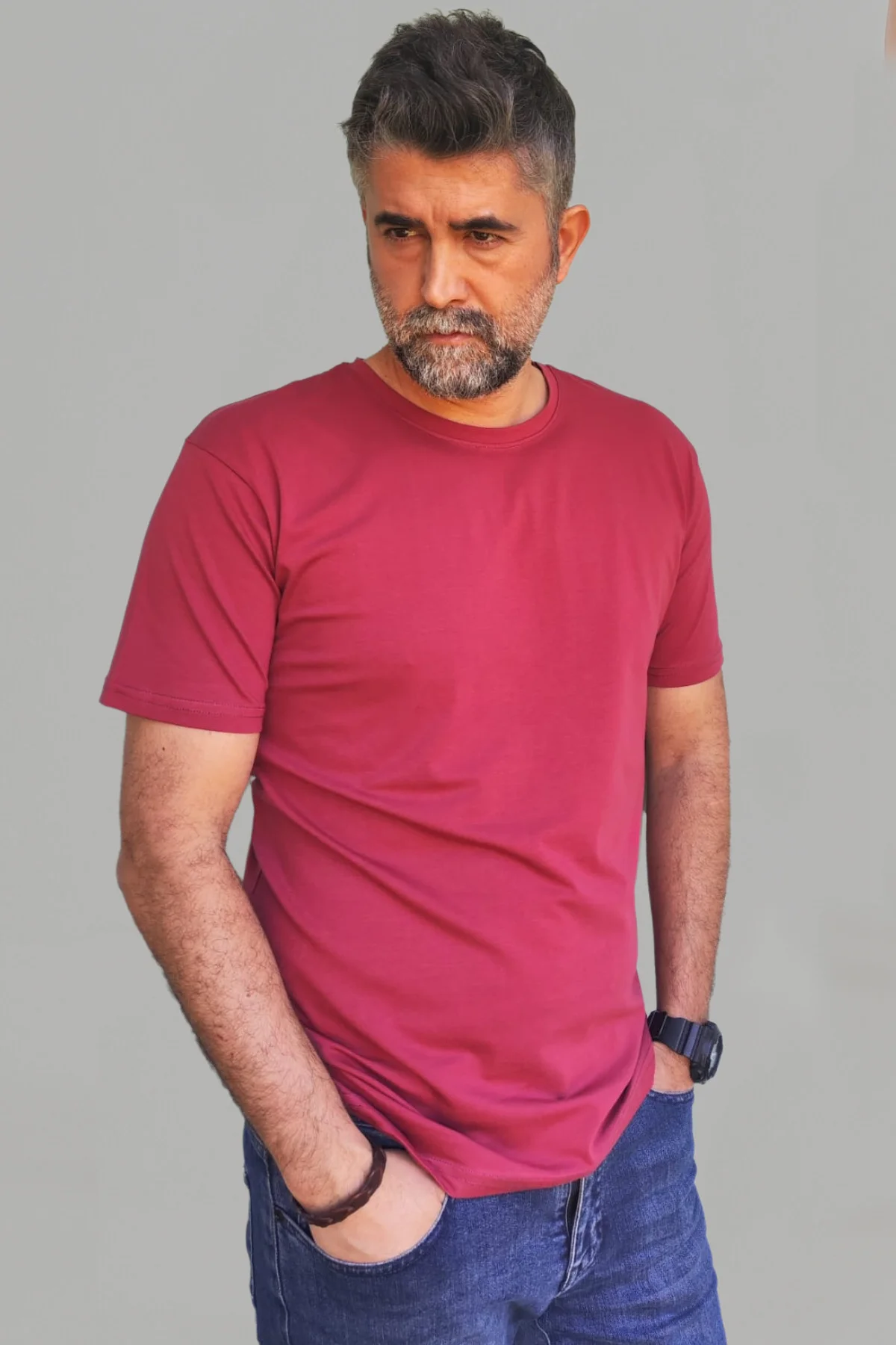 Erkek Bordo Slim Fit Bisiklet Yaka Pamuk Elastan Basic Tişört - Vien&Karl Görsel 3