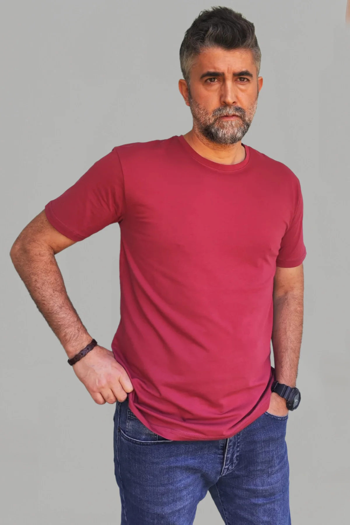 Erkek Bordo Slim Fit Bisiklet Yaka Pamuk Elastan Basic Tişört - Vien&Karl Görsel 4
