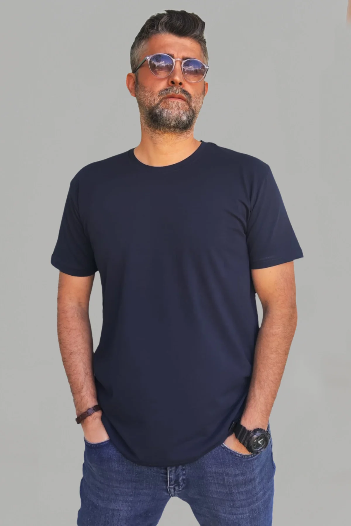 Erkek Lacivert Slim Fit Bisiklet Yaka Pamuk Elastan Basic Tişört - Vien&Karl Görsel 3