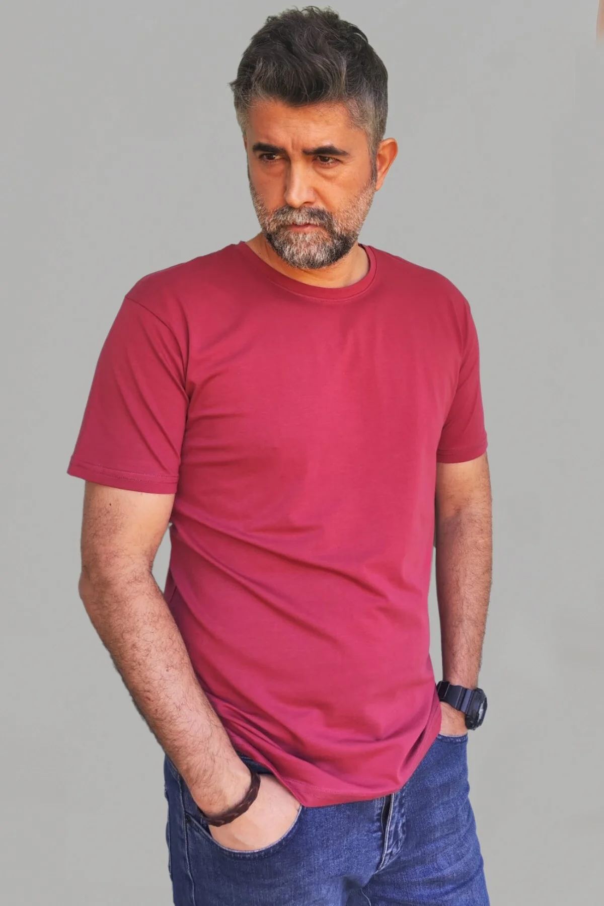 Erkek Beyaz-siyah-laci-bordo-yeşil Slim Fit Bisiklet Yaka Pamuk Elastan 5'li Basic Tişört - Vien&Karl Görsel 3