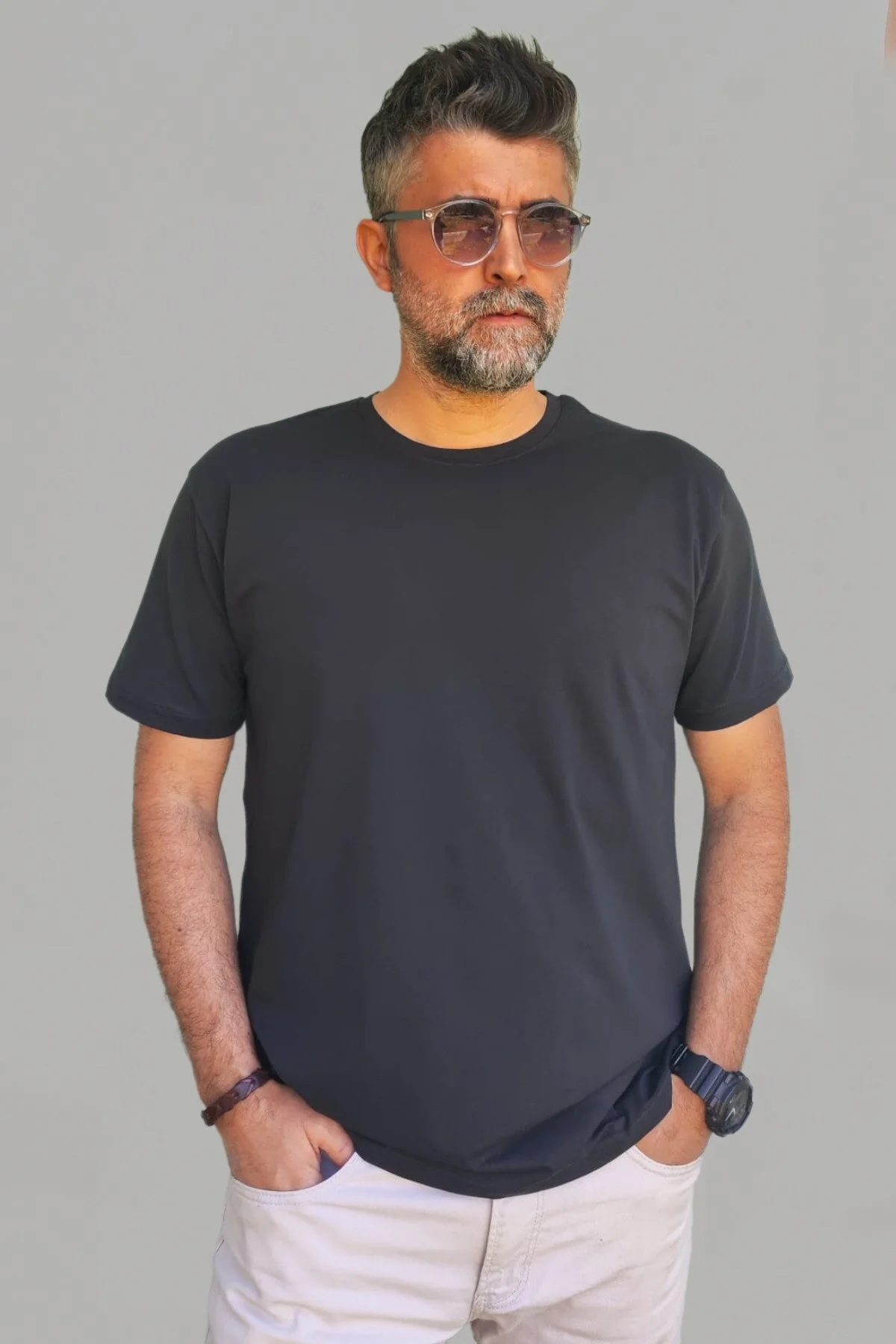 Erkek Beyaz-siyah-laci-petrol Mavi Slim Fit Bisiklet Yaka Pamuk Elastan 4'lü Basic Tişört - Vien&Karl Görsel 5