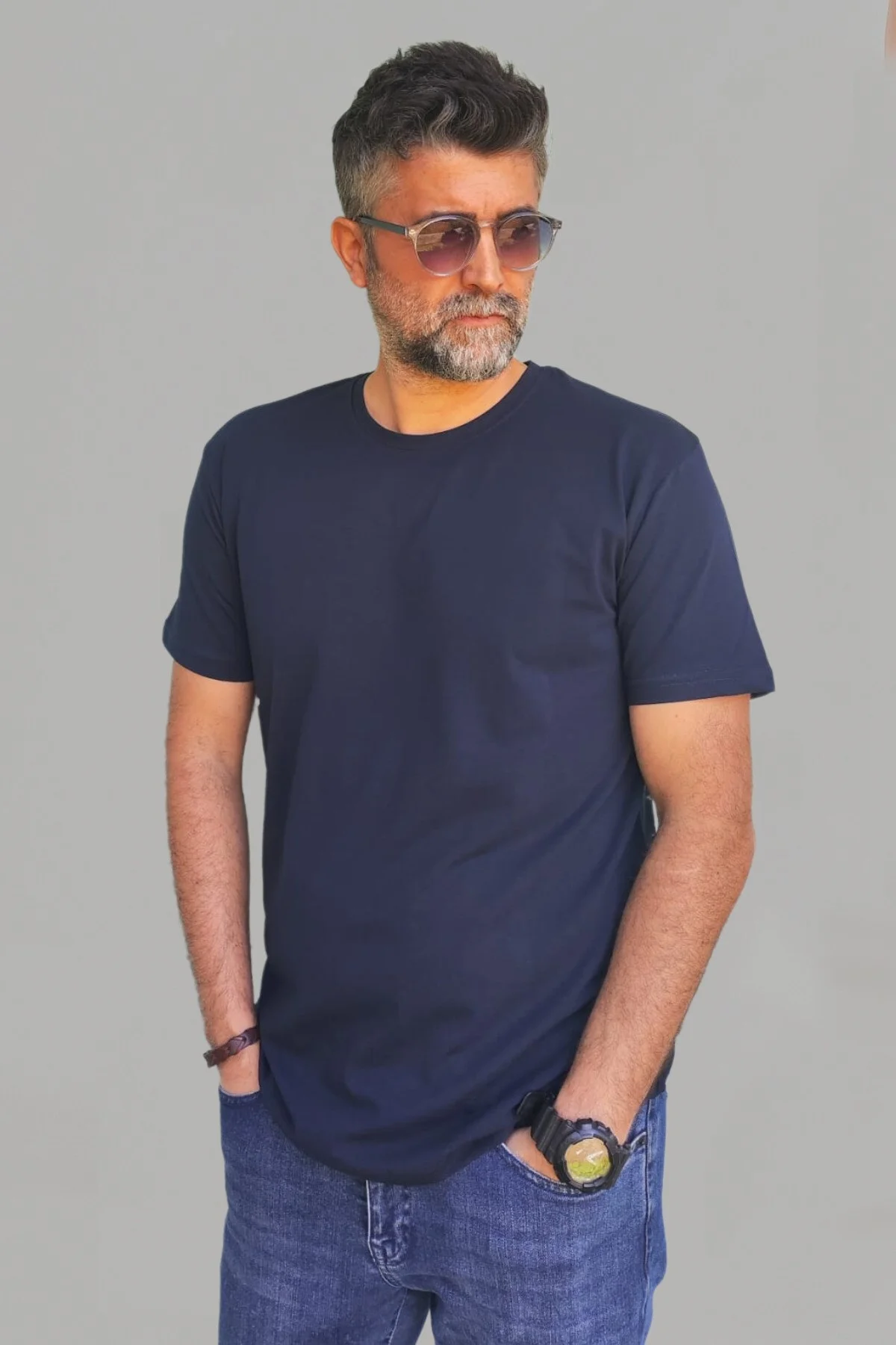 Erkek Beyaz-siyah-laci-petrol Mavi Slim Fit Bisiklet Yaka Pamuk Elastan 4'lü Basic Tişört - Vien&Karl Görsel 4