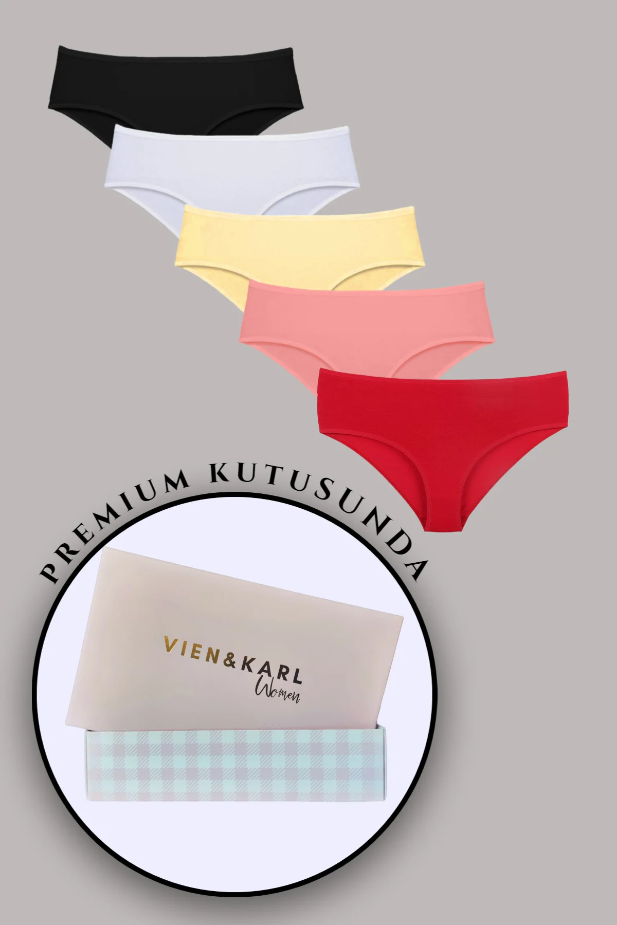 Kadın Renkli Hipster(Yarı Yüksek Bel) Külot 5'li Premium Kutuda Siyah Beyaz Kırmızı Gül Kurusu Sarı
