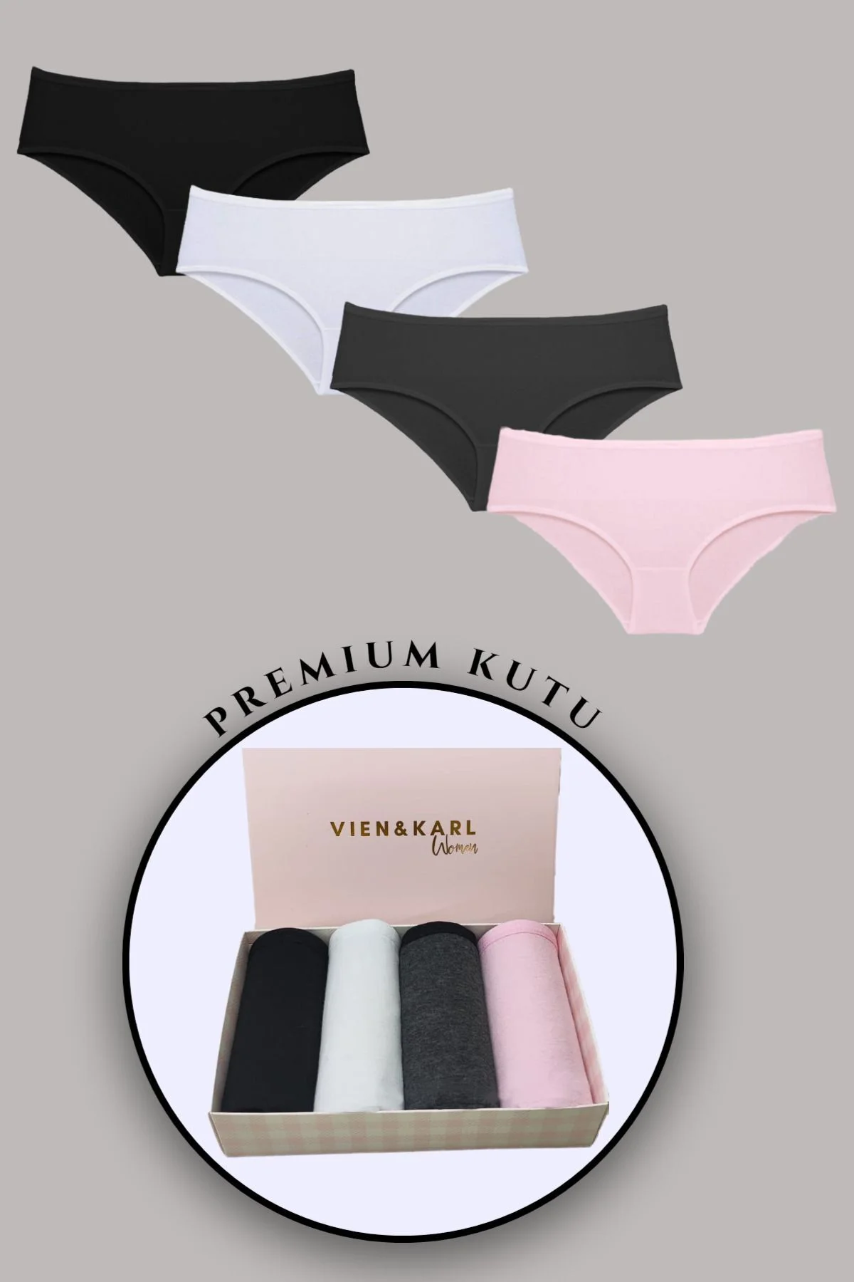 Kadın Renkli Hipster(Yarı Yüksek Bel) Külot 4'lü Premium Kutuda Siyah Beyaz Füme Pembe
