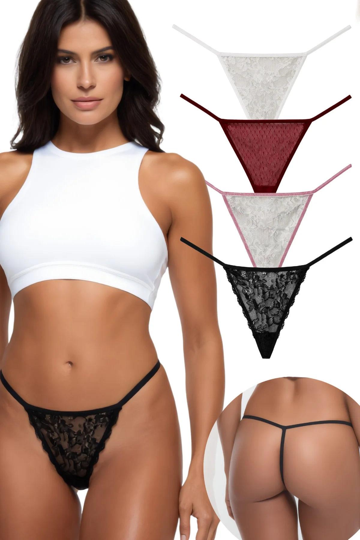 Kadın Tül Dantelli Fantezi 4'lü Paket Lastikli String Tanga Külot