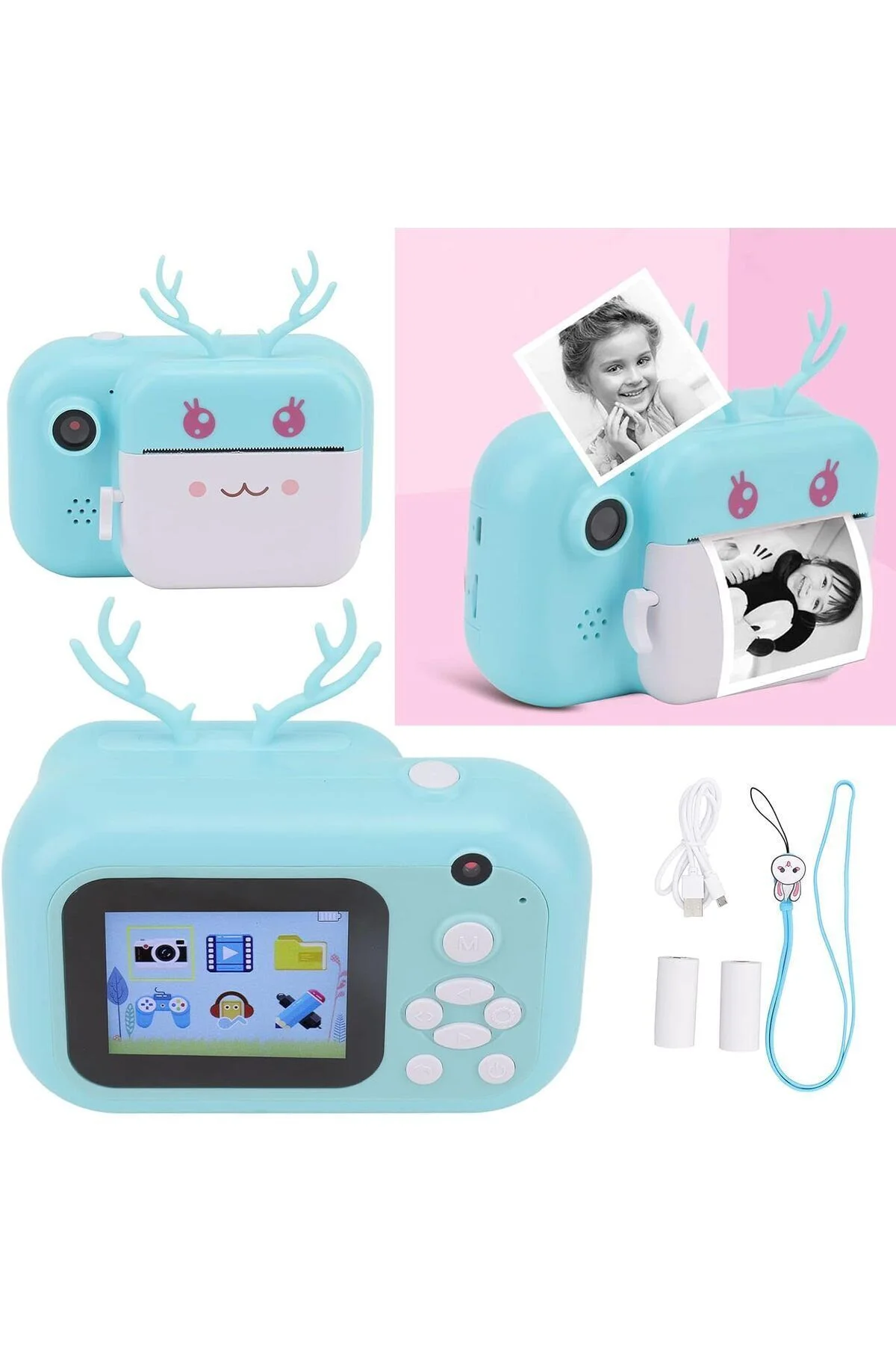 Anlık Termal Yazıcılı Dijital Çocuk Kamerası Geyikli 2.4 İnç HD Photo Printer Camera Pembe