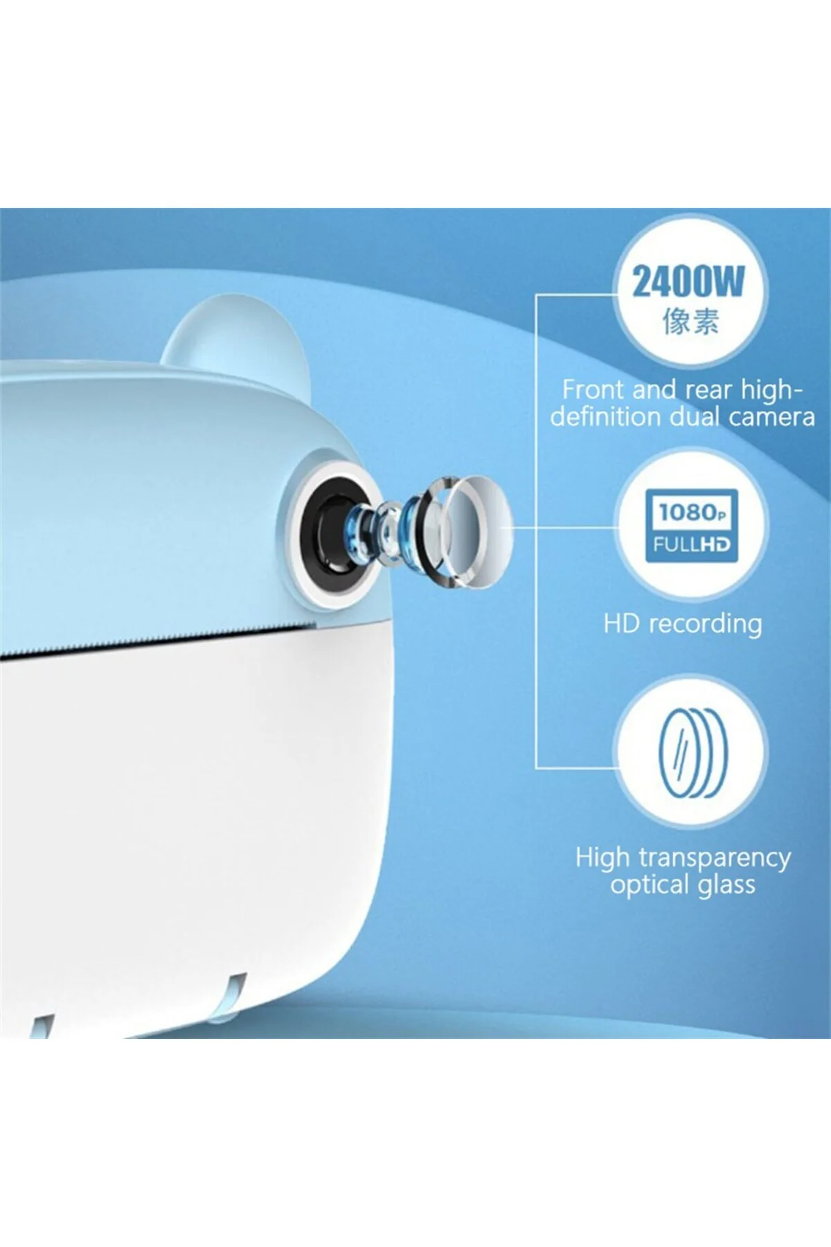 Anlık Termal Yazıcılı Dijital Çocuk Kamerası Kulaklı 2.4 İnç HD Photo Printer Camera Mavi - pazariz Görsel 5