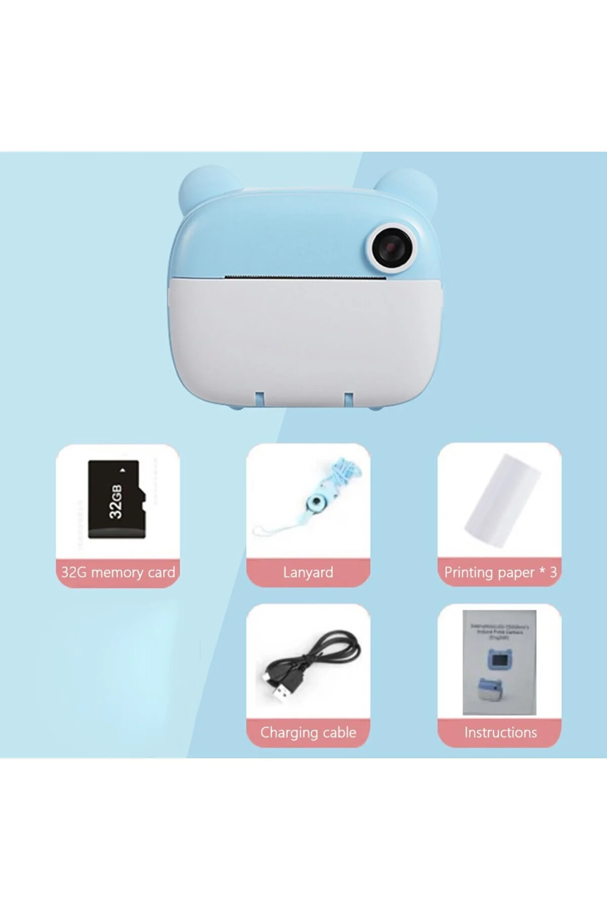 Anlık Termal Yazıcılı Dijital Çocuk Kamerası Kulaklı 2.4 İnç HD Photo Printer Camera Mavi - pazariz Görsel 3