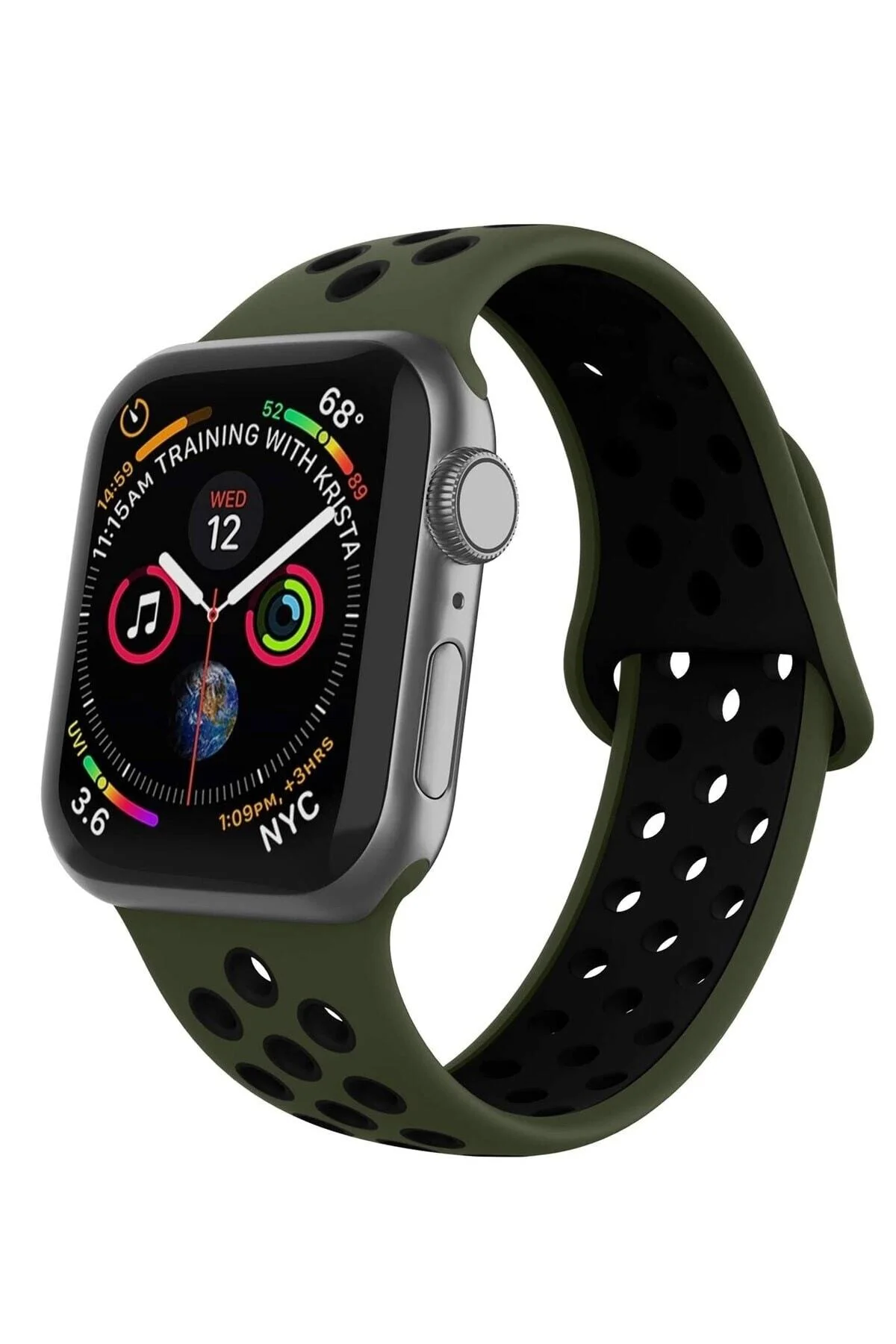 Apple Watch Uyumlu Silikon Delikli Kordon1 2 3 4 5 - 42mm/44mm Koyu Yeşil Siyah