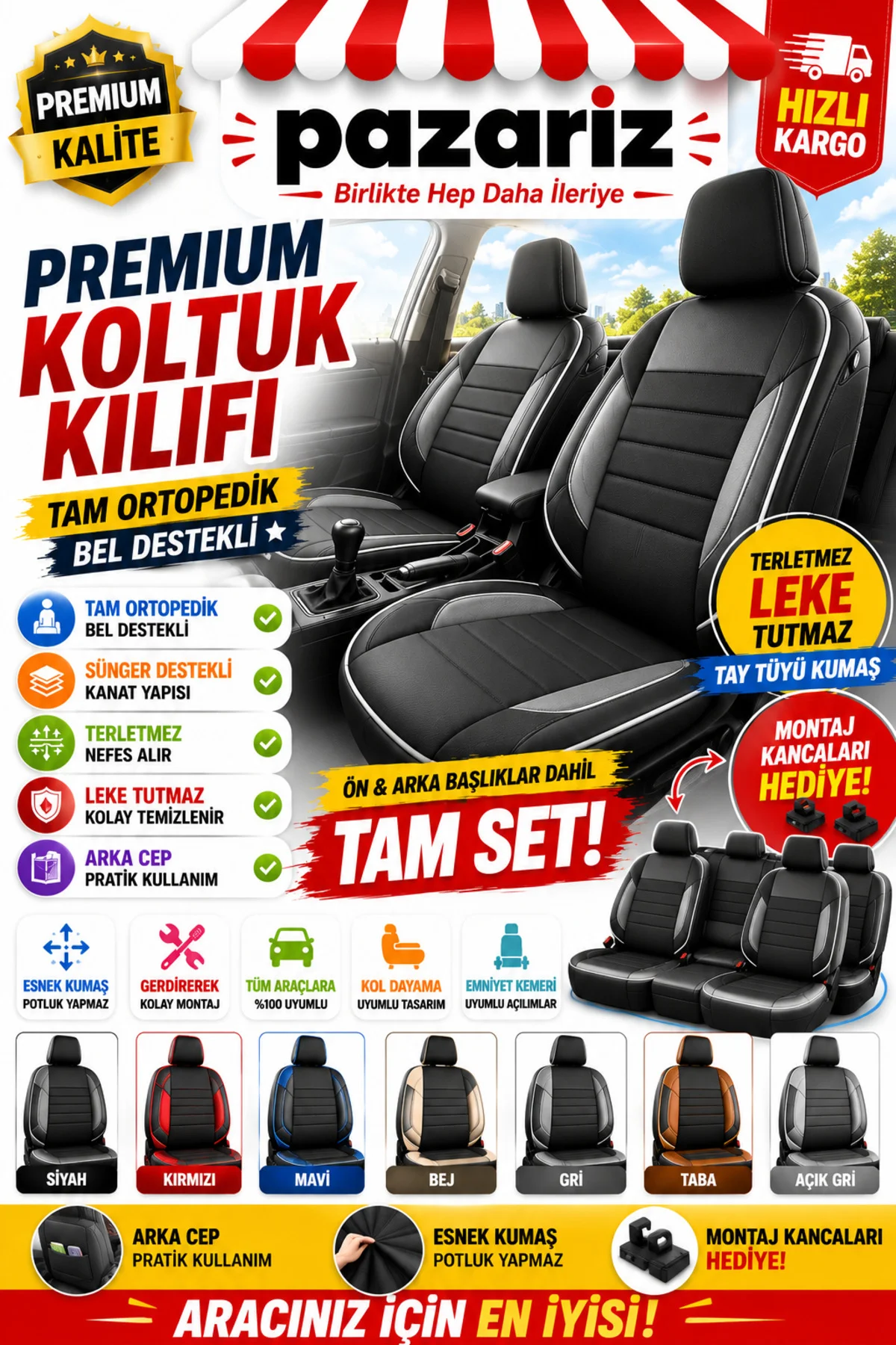 Premium Serisi Nefes Alabilir Terletmez Oto Koltuk Koruma Kılıfı - Tam Set Tay Tüyü Üniversal Oto Ko