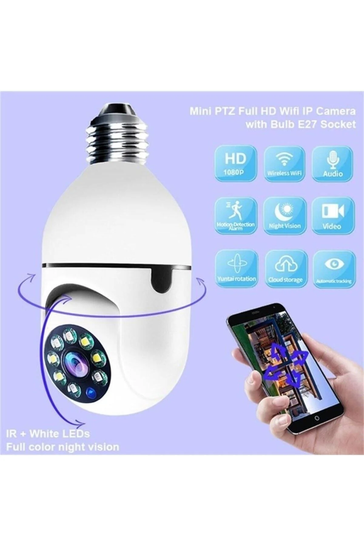 Wifi 360 Panoramik Ampul Kamera Gece Görüş Ses Akıllı Hareket Algılayıcı - pazariz Görsel 3