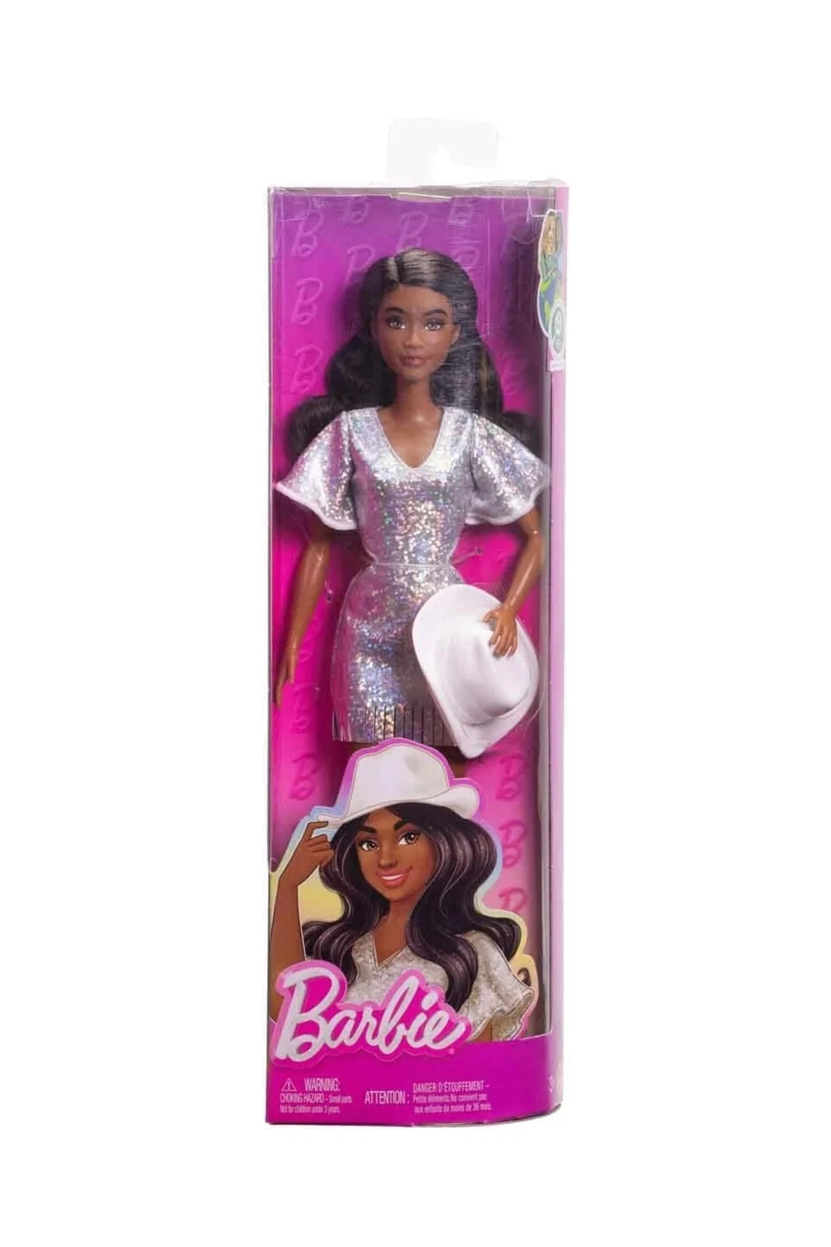 ® Bebek Gümüş rengi ışıltılı elbisesi, kovboy şapkası ve çizmeleriyle siyah saçlı HYT95 - Barbie Görsel 4