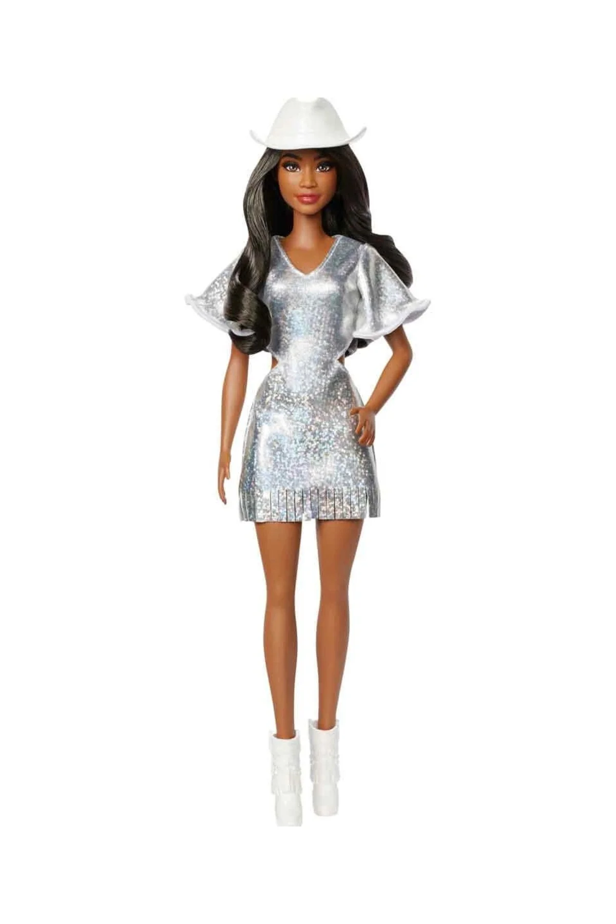 ® Bebek Gümüş rengi ışıltılı elbisesi, kovboy şapkası ve çizmeleriyle siyah saçlı HYT95 - Barbie Görsel 2