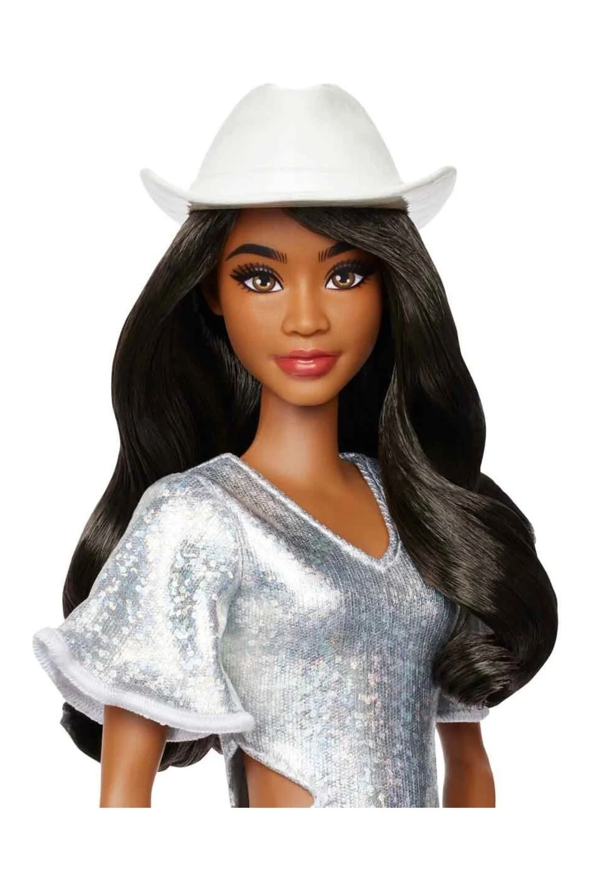 ® Bebek Gümüş rengi ışıltılı elbisesi, kovboy şapkası ve çizmeleriyle siyah saçlı HYT95 - Barbie Görsel 3