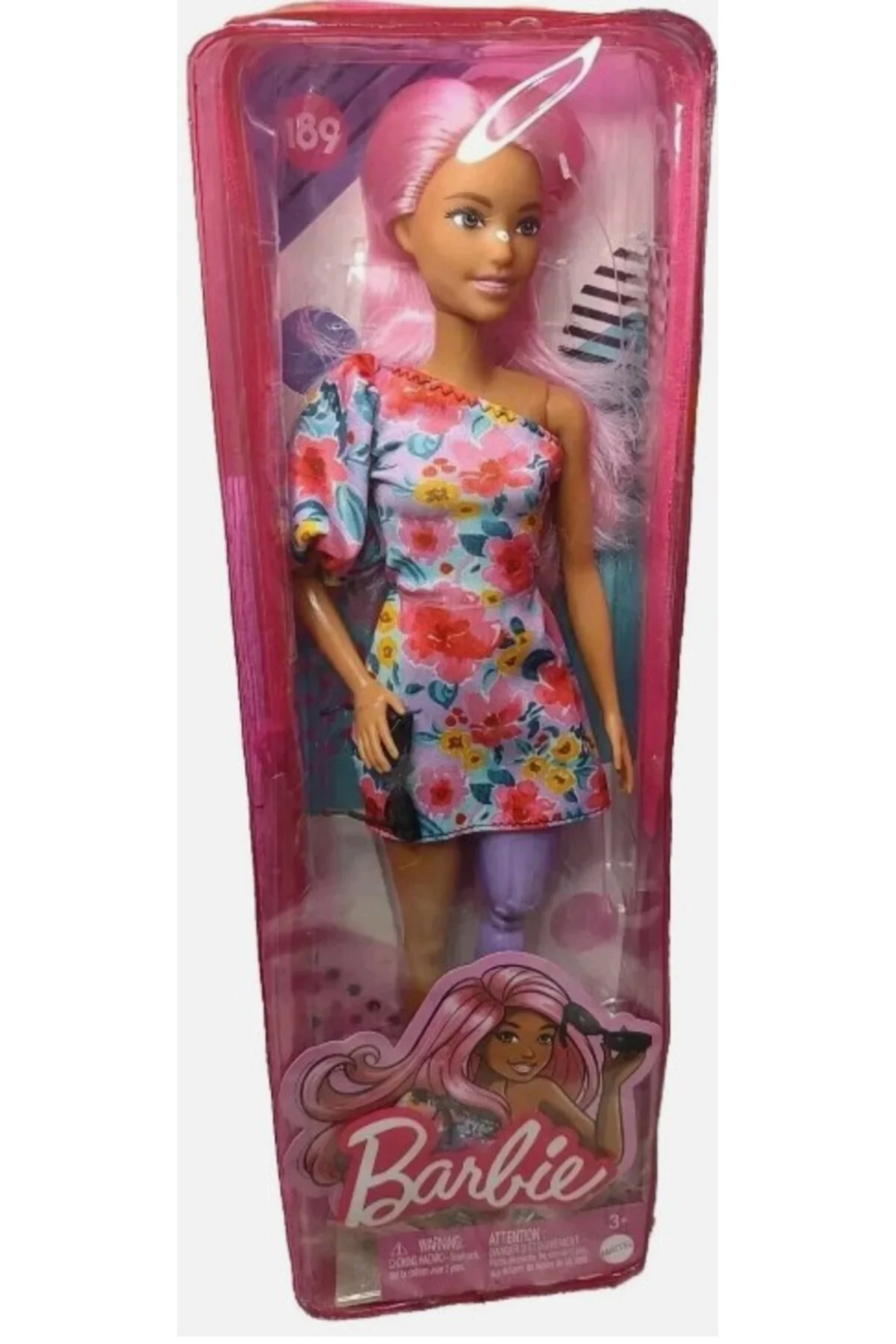 NEW Barbie Fashionistas Doll #189 with Prosthetic Leg, Pink Hair, &amp; Floral Dress