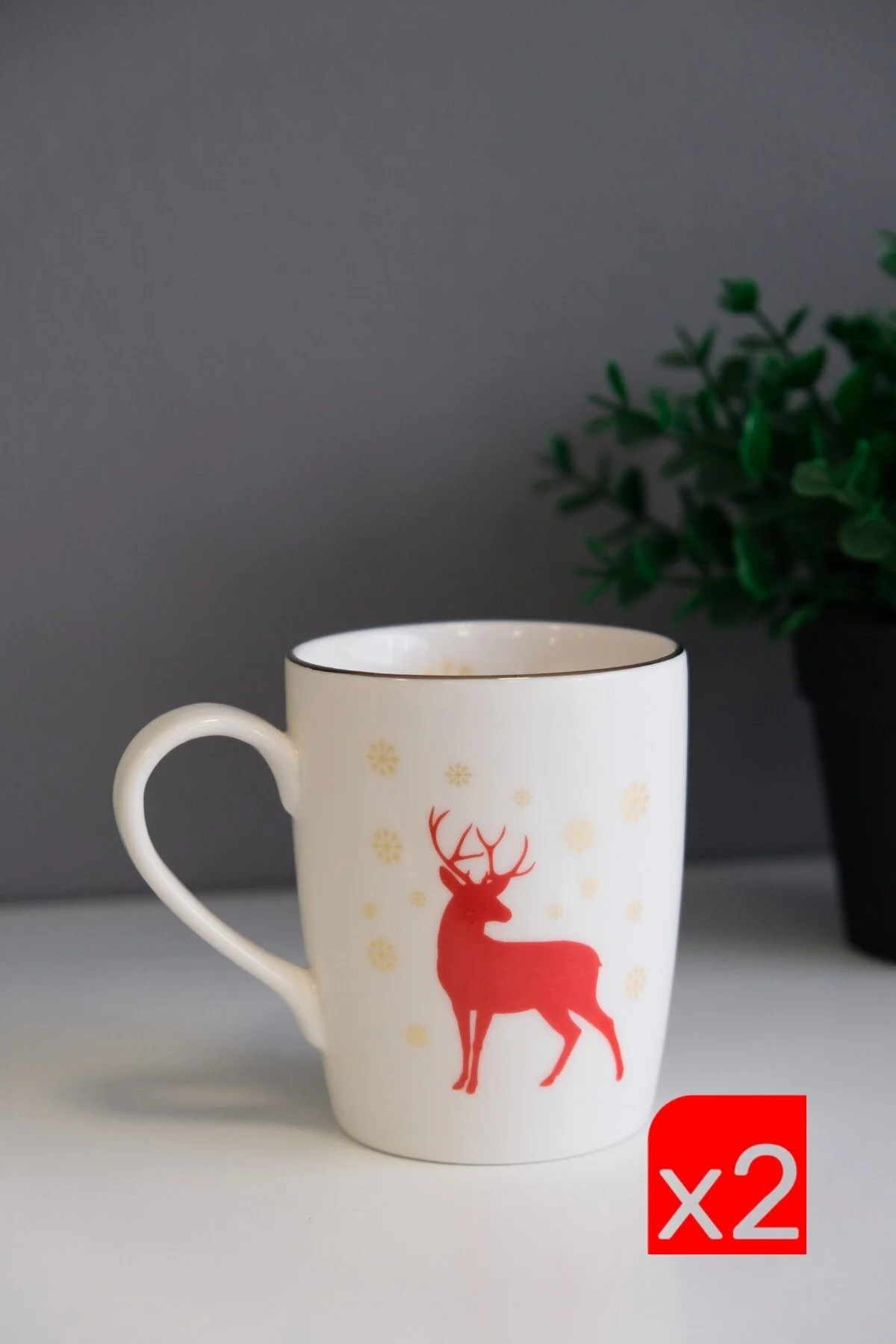 Tabak Evi Porselen Altın Yaldızlı Geyik Kulplu Mug Kupa 9cm 220ml 2 li