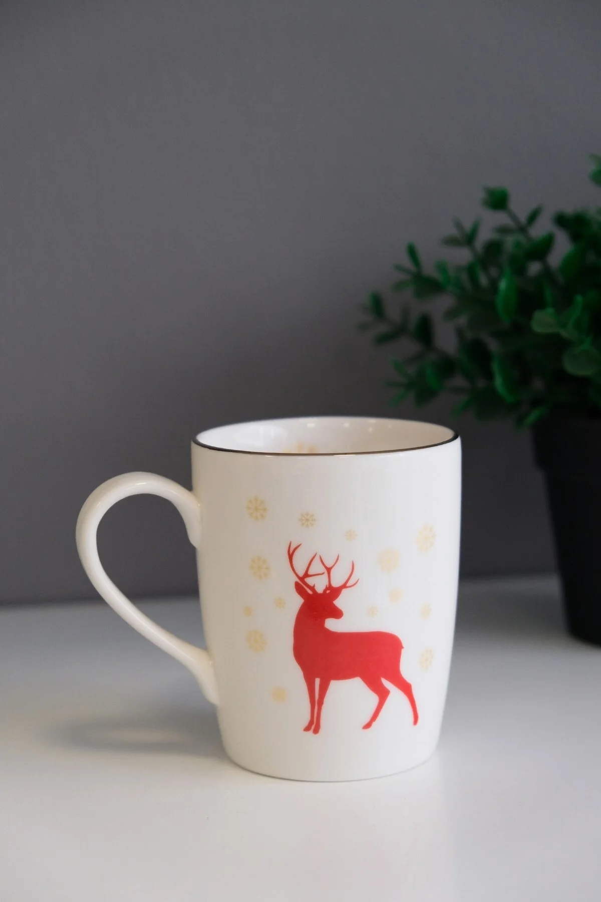 Tabak Evi Porselen Altın Yaldızlı Geyik Kulplu Mug Kupa 9cm 220ml Tekli