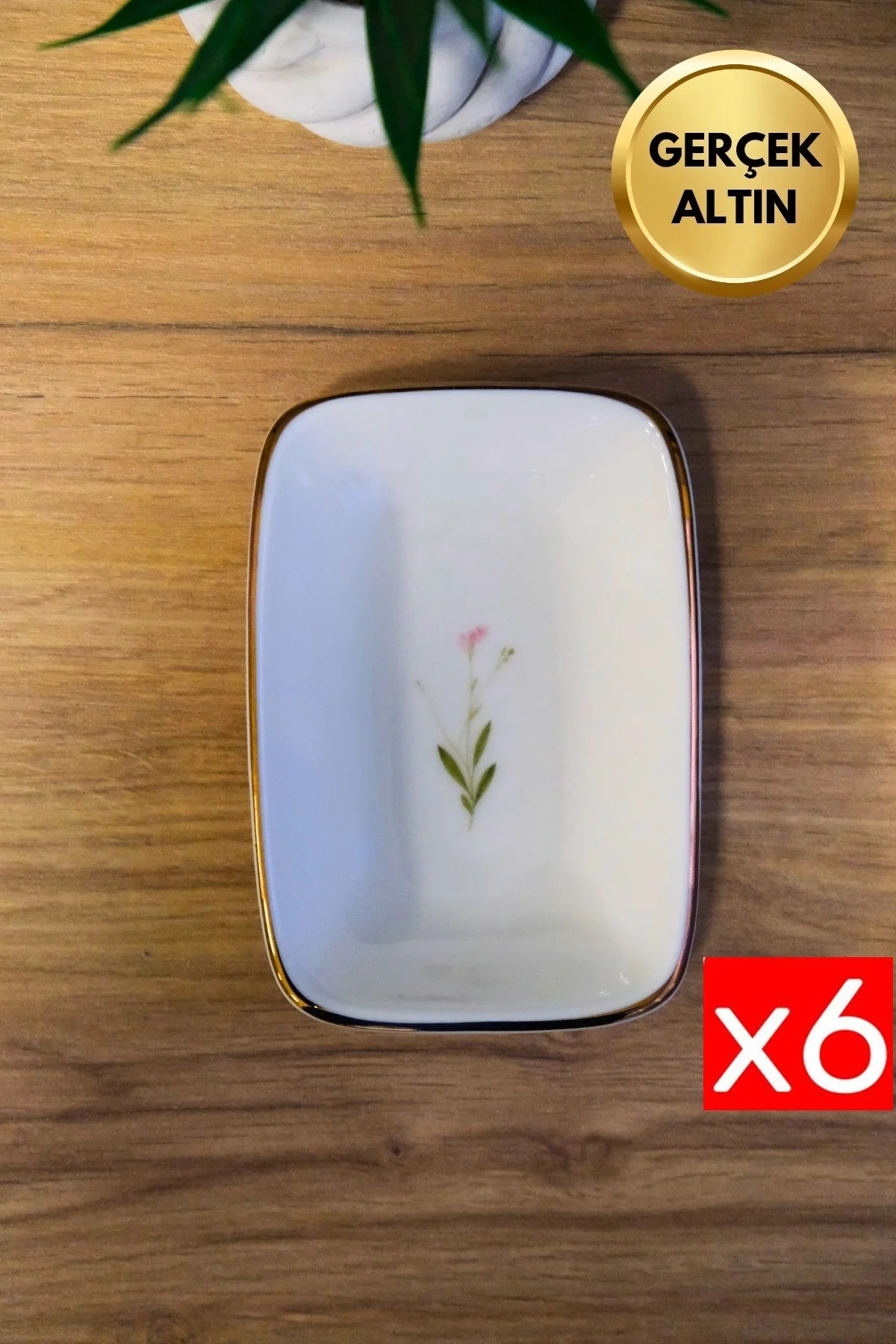 Tabak Evi Porselen Natura Çuha Altın Yaldızlı Dikdörtgen Kayık Tabak 12x8,50cm 6 lı