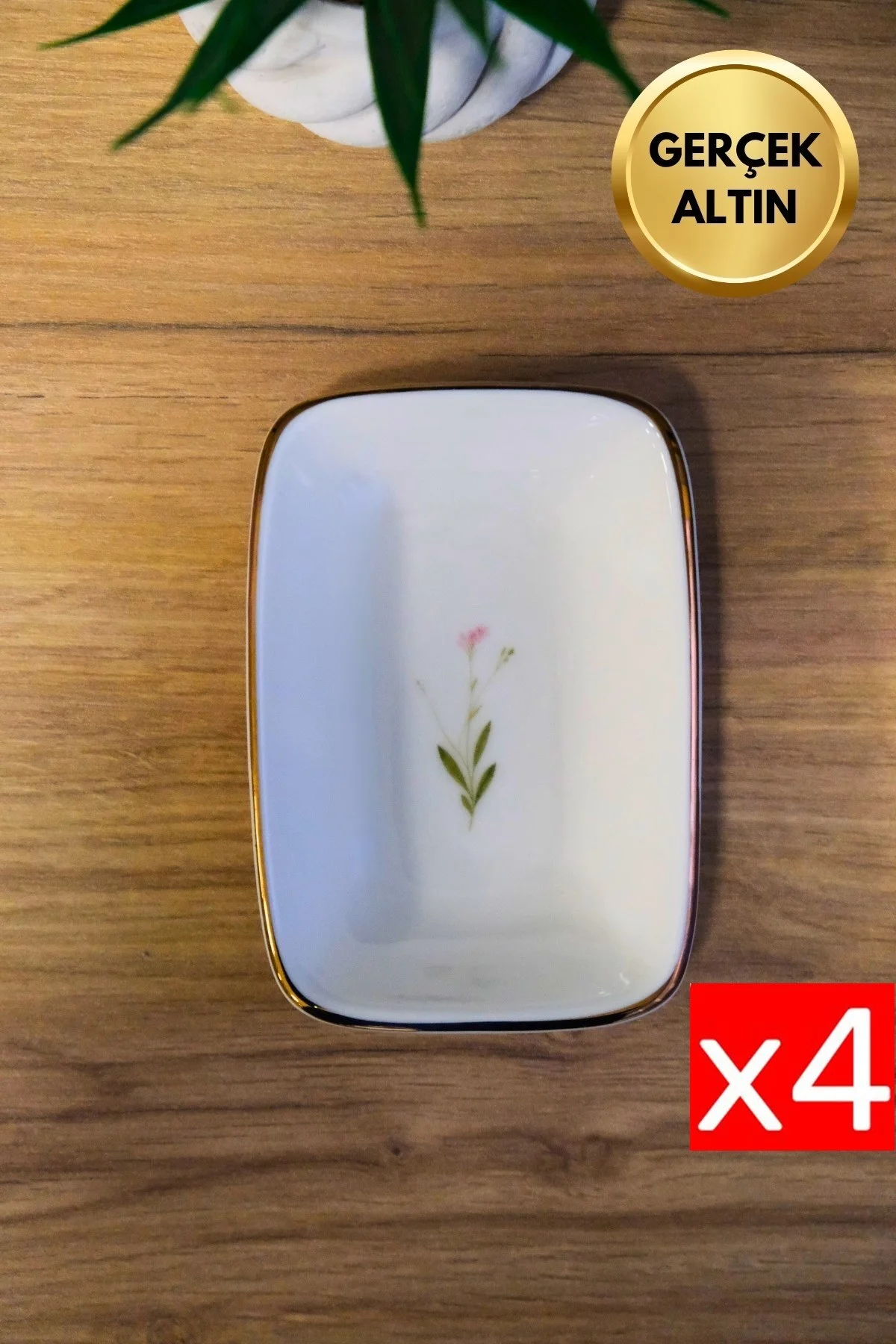 Tabak Evi Porselen Natura Çuha Altın Yaldızlı Dikdörtgen Kayık Tabak 14X9,8cm 4 lü