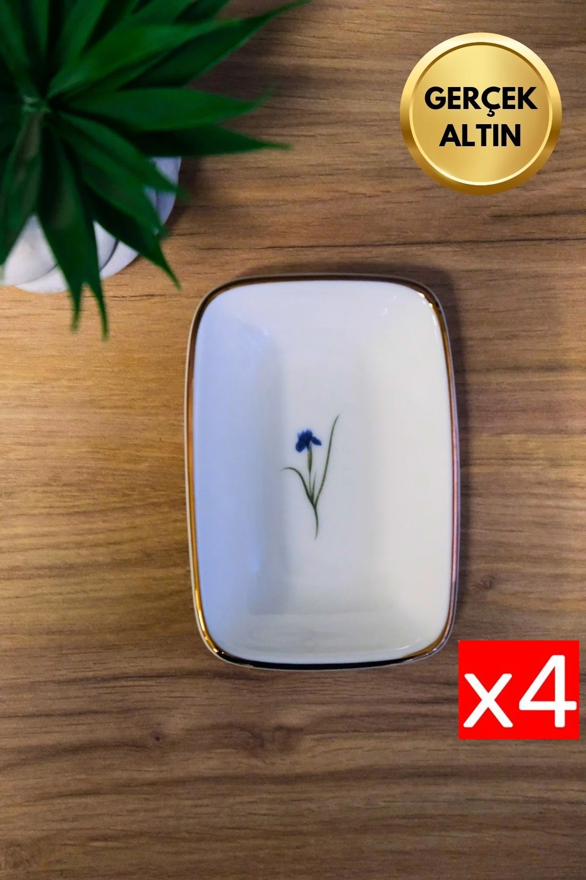 Tabak Evi Porselen Natura İris Altın Yaldızlı Dikdörtgen Kayık Tabak 12x8,50cm 4 lü