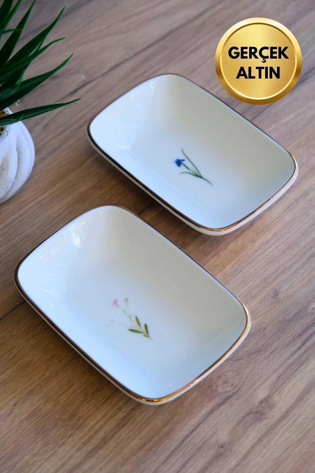 Tabak Evi Porselen Natura Karma Altın Yaldızlı Dikdörtgen Kayık Tabak 14X9,8cm 2 Parça - tabakevi Görsel 2