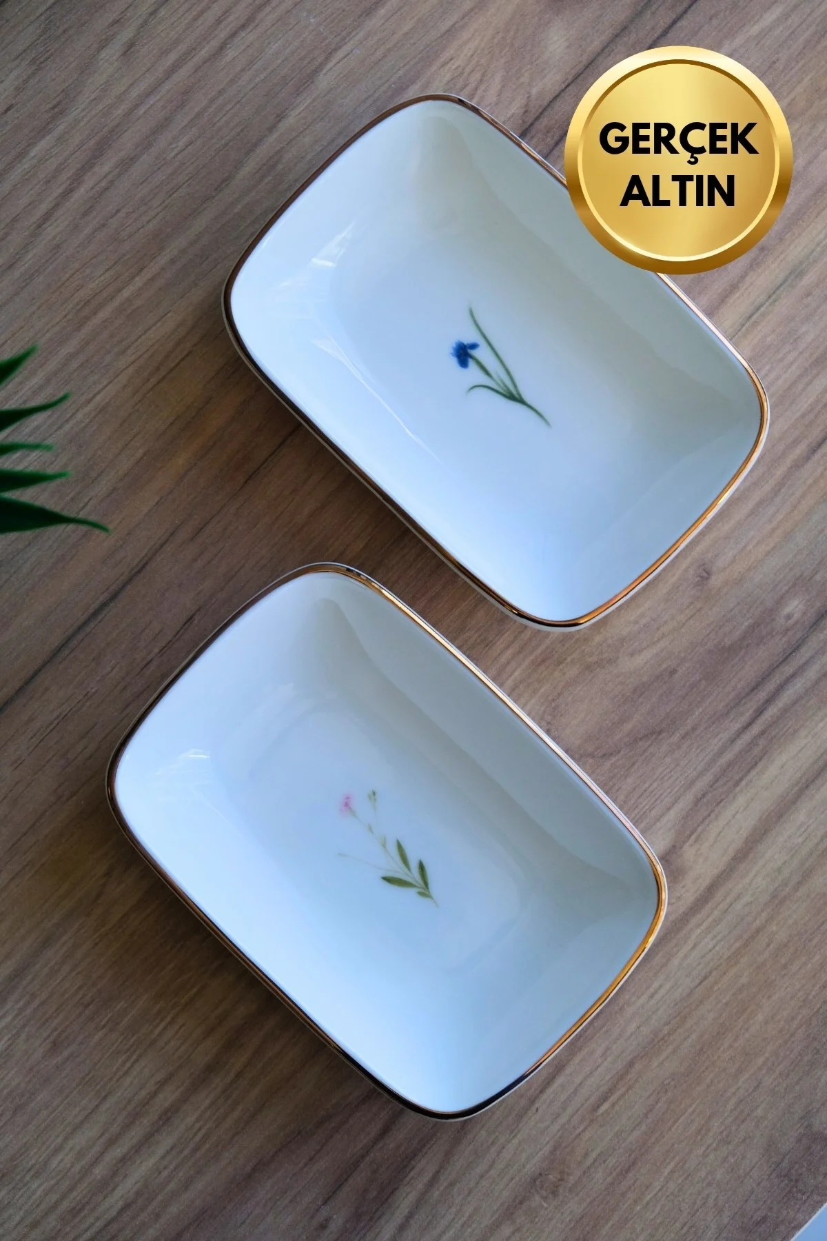 Tabak Evi Porselen Natura Karma Altın Yaldızlı Dikdörtgen Kayık Tabak 14X9,8cm 2 Parça - tabakevi Görsel 4