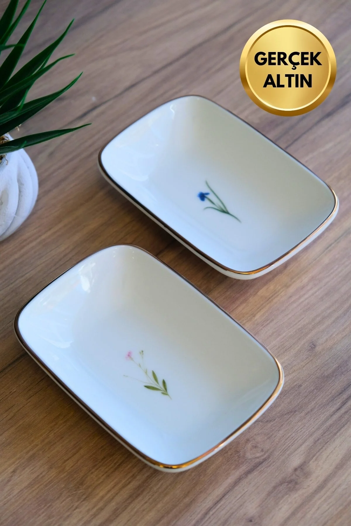 Tabak Evi Porselen Natura Karma Altın Yaldızlı Dikdörtgen Kayık Tabak 14X9,8cm 2 Parça
