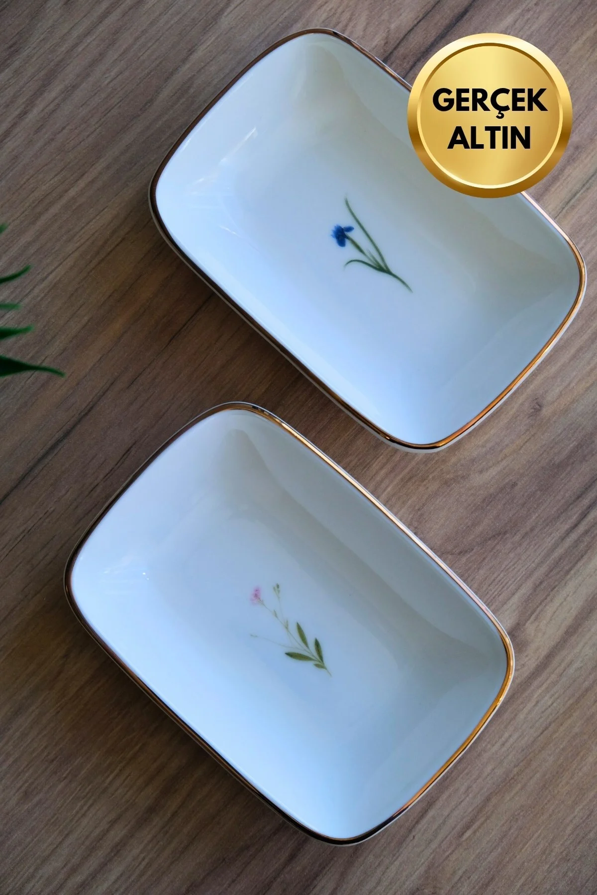 Tabak Evi Porselen Natura Karma Altın Yaldızlı Dikdörtgen Kayık Tabak 14X9,8cm 2 Parça - tabakevi Görsel 5