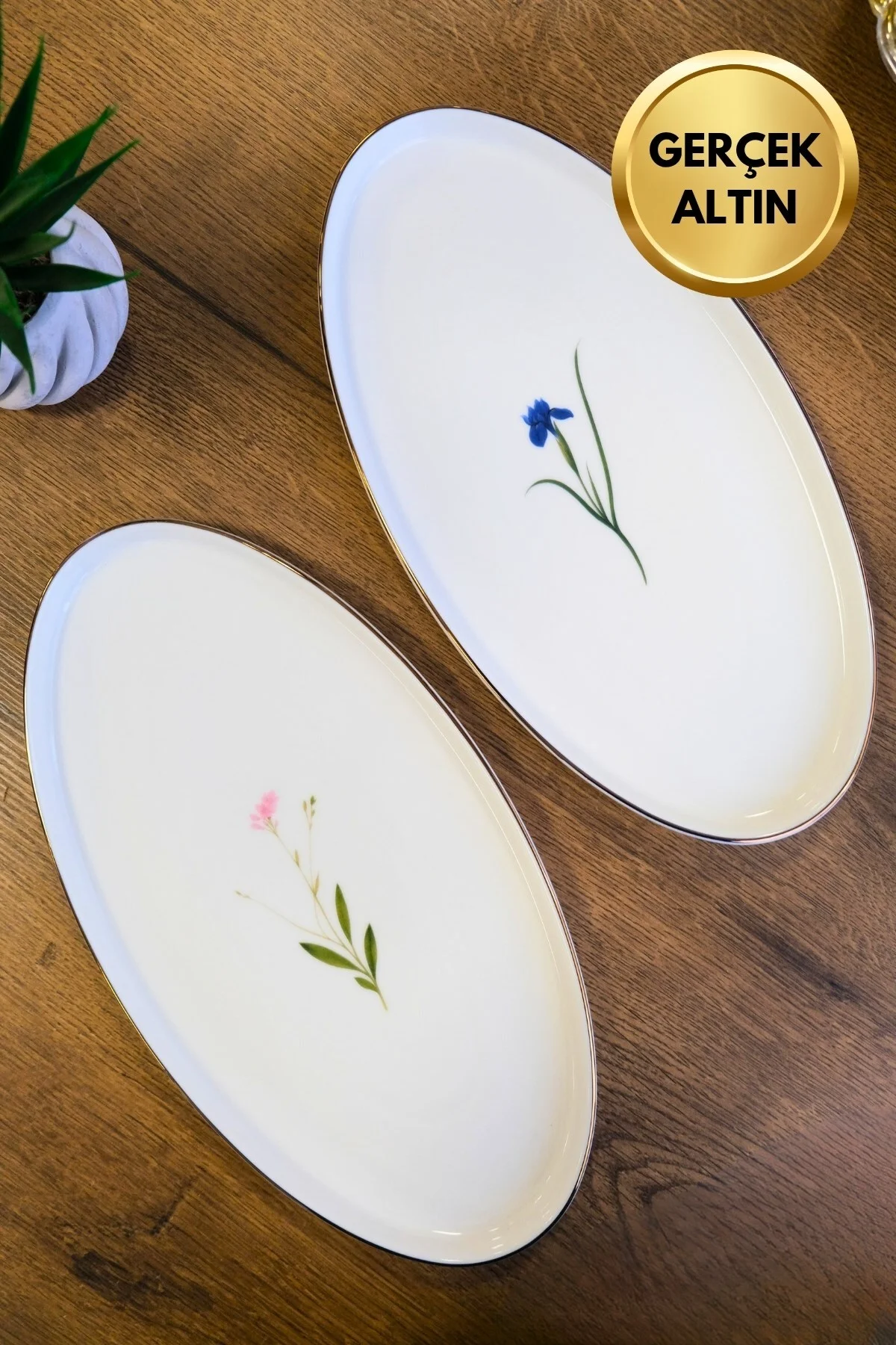 Tabak Evi Porselen Natura Karma Altın Yaldızlı Oval Kayık 32,50x17x2,50cm 2 Parça - tabakevi Görsel 2