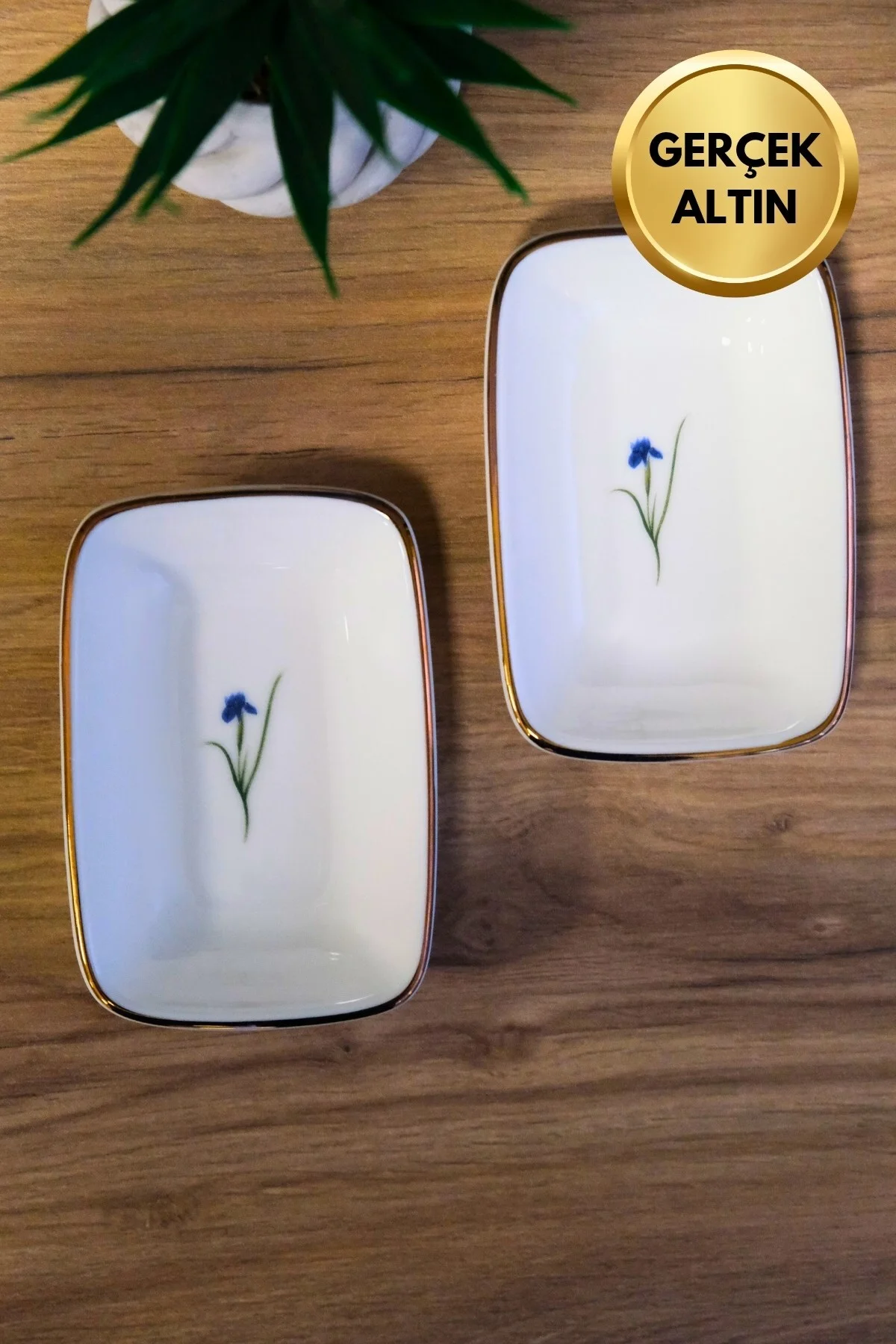 Tabak Evi Porselen Natura İris Altın Yaldızlı Dikdörtgen Kayık Tabak 14X9,8cm 2 li - tabakevi Görsel 4