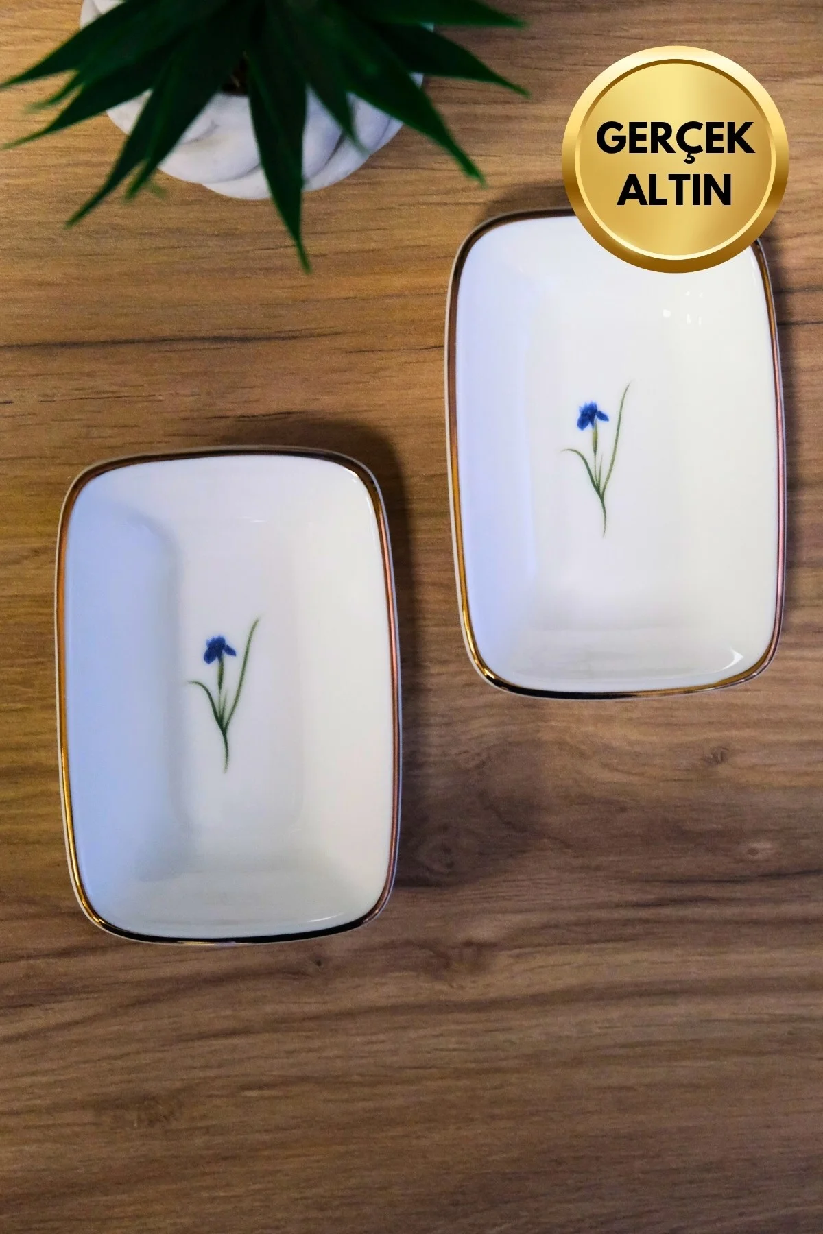 Tabak Evi Porselen Natura İris Altın Yaldızlı Dikdörtgen Kayık Tabak 14X9,8cm 2 li - tabakevi Görsel 5