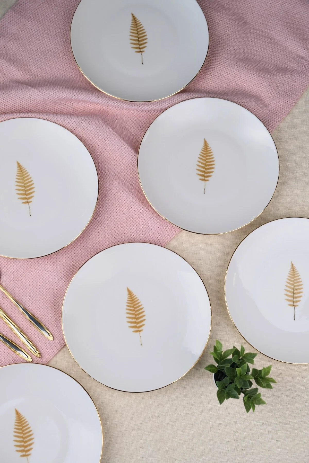 Tabak Evi Porselen Natura Fern Altın Yaldız Pasta Tabağı 20,50cm 6 lı - tabakevi Görsel 2