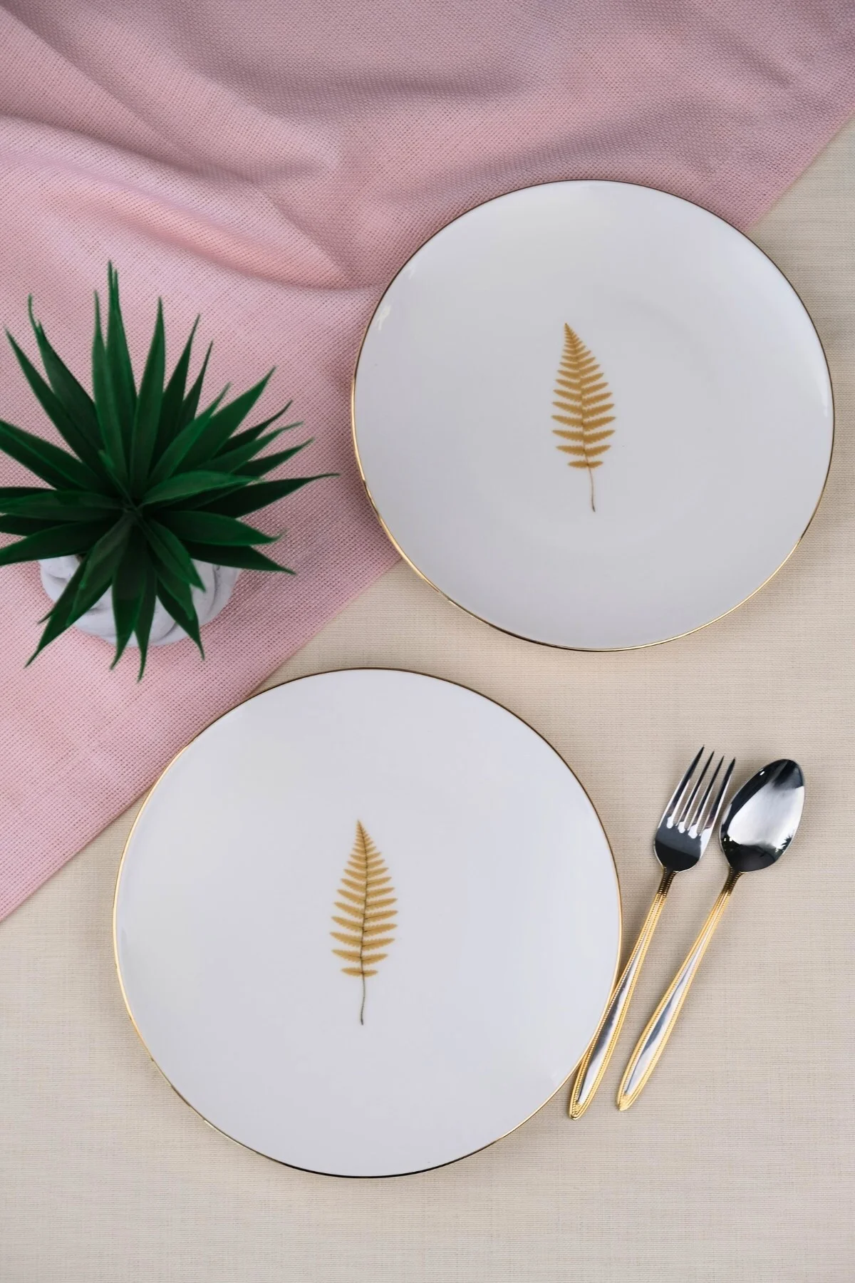 Tabak Evi Porselen Natura Fern Altın Yaldız Pasta Tabağı 20,50cm 2 li - tabakevi Görsel 2
