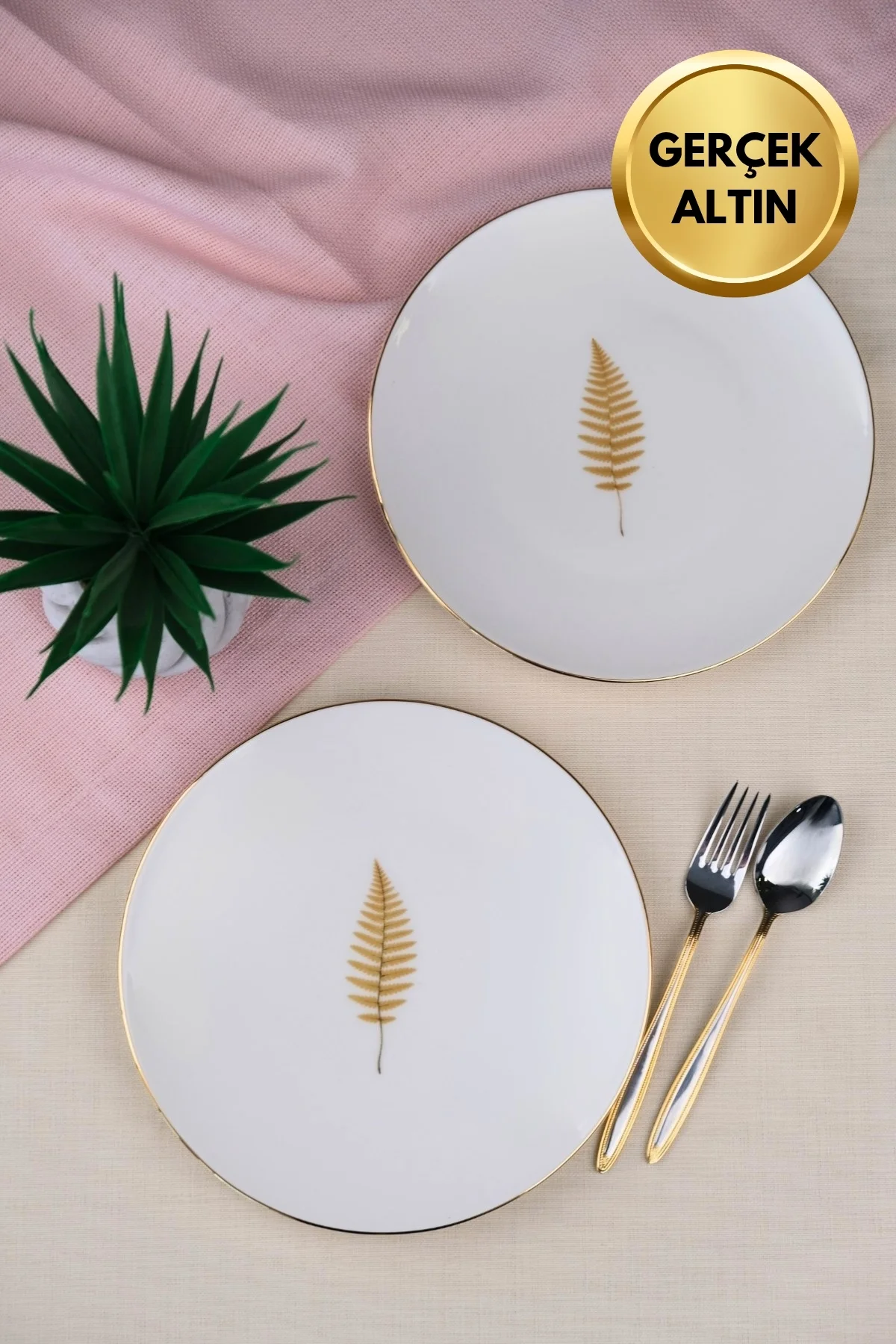 Tabak Evi Porselen Natura Fern Altın Yaldız Pasta Tabağı 20,50cm 2 li