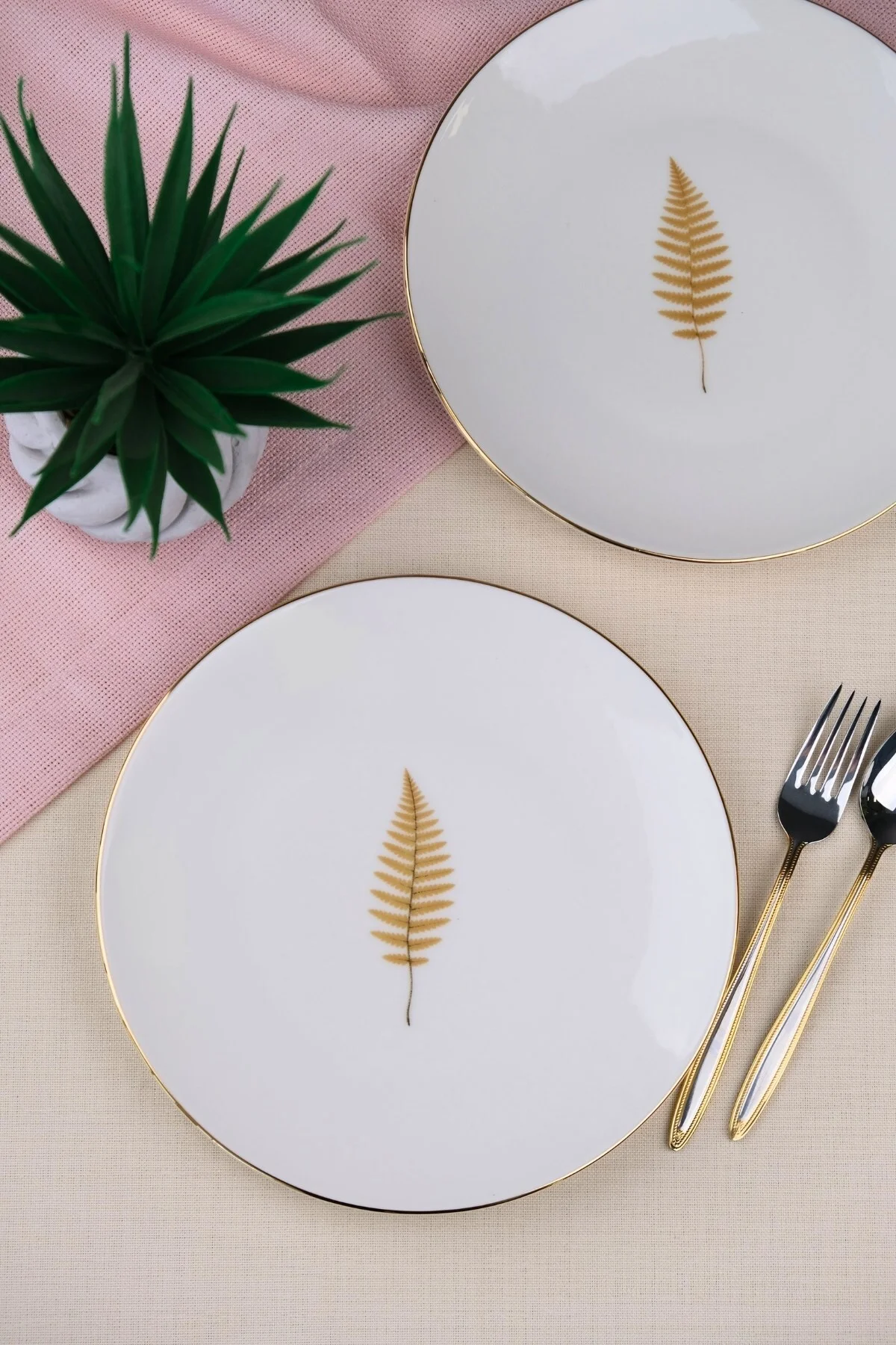 Tabak Evi Porselen Natura Fern Altın Yaldız Pasta Tabağı 20,50cm 2 li - tabakevi Görsel 4