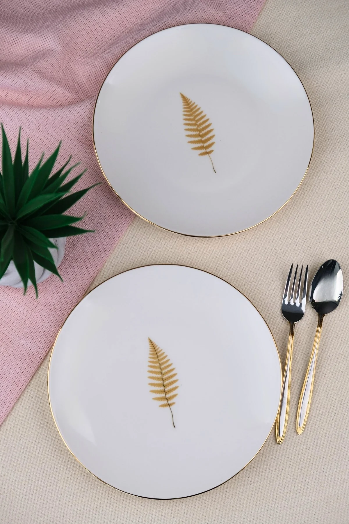 Tabak Evi Porselen Natura Fern Altın Yaldız Pasta Tabağı 20,50cm 2 li - tabakevi Görsel 3